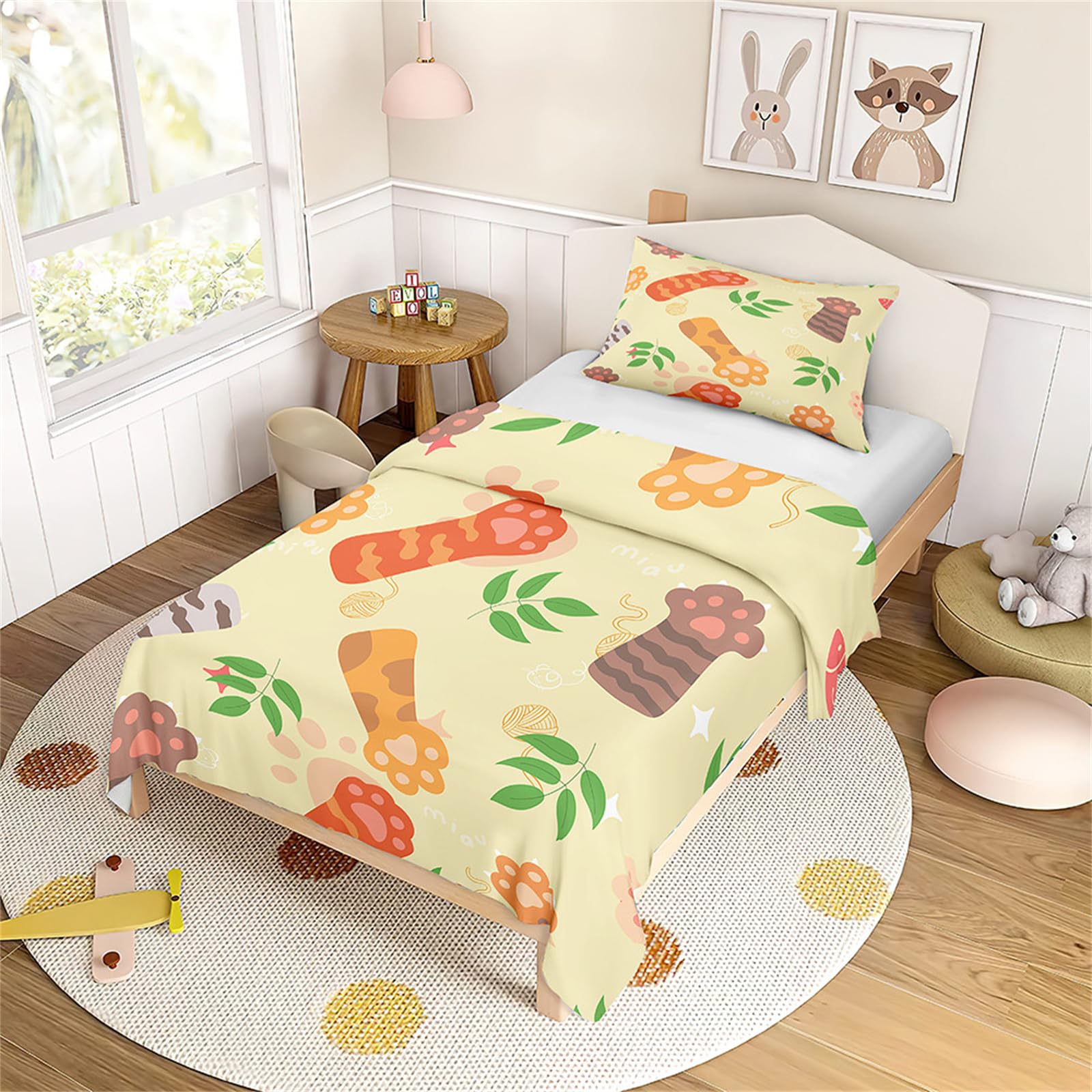 Mateju Cute Paw Print Kids Duvet Cover Set 120x140cm, Soft Microfiber Toddler Bedding Set with Pillowcase, Cartoon Dog Paw & Bone Pattern Quilt Cover for Children Bedroom Decor (Khaki)