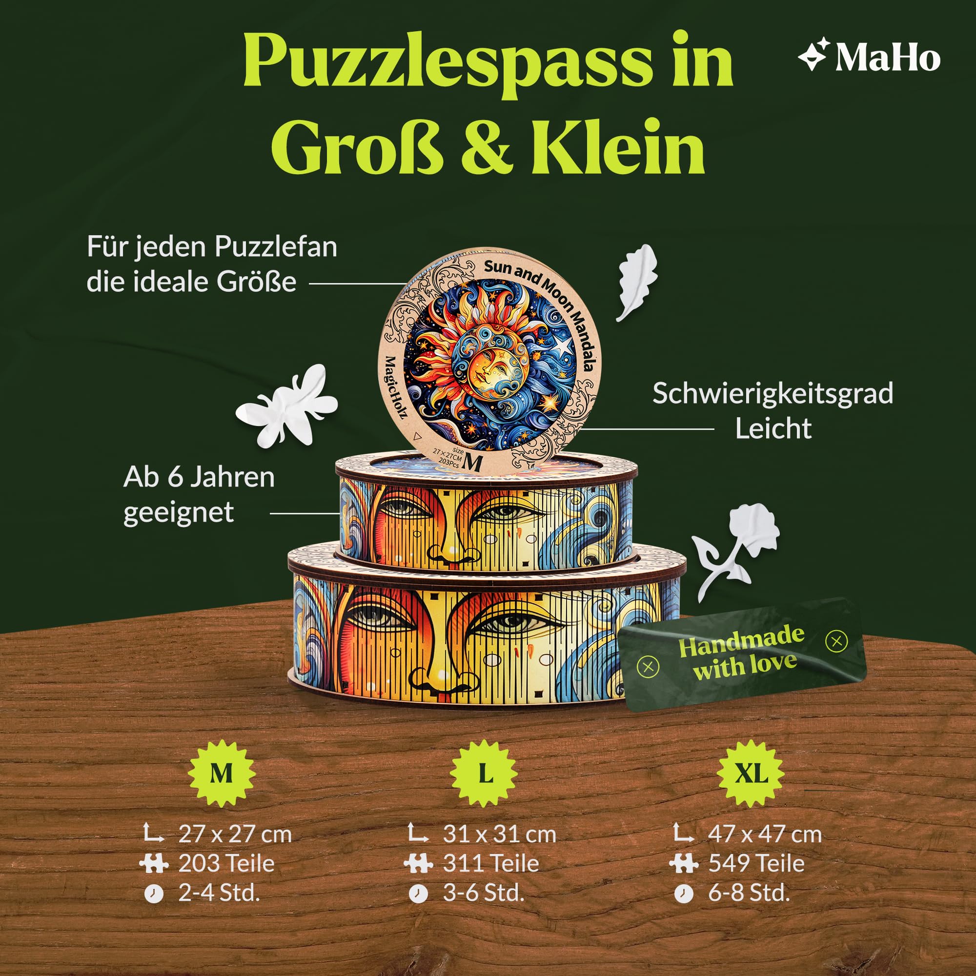 MagicHolz – Holzpuzzle Mandala Sonne und Mond – rundes Holz Puzzle Ø 47 cm – besondere Geschenkidee für Erwachsene – inkl.Premium Holzbox