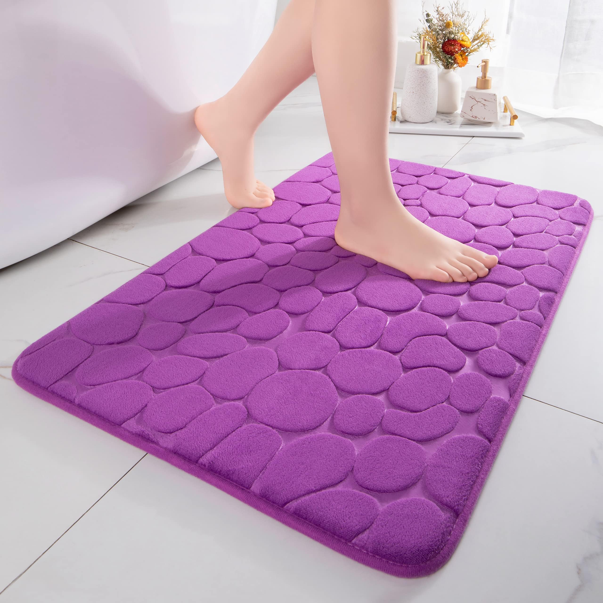 chakme Badematte Memoryschaum Badteppich Memory Foam Duschvorleger Saugfähige Badvorleger Badezimmerteppich Duschmatte Deko Fussmatte rutschfeste Matte für Badezimmer Wohnzimmer 60x120 cm,Violett