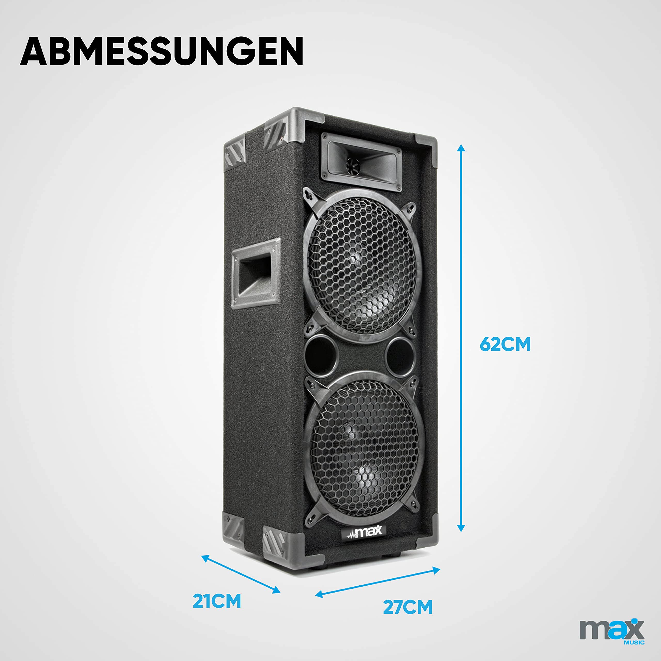 MAX MAX28 PA Lautsprecher passiv, DJ Boxen, 1600 Watt Peak, Partyboxen Set mit Griffe, 2 x 8 Zoll Doppel-Tieftöner, DJ Party Lautsprecher Paar, Lautsprecherbox, Schwarz