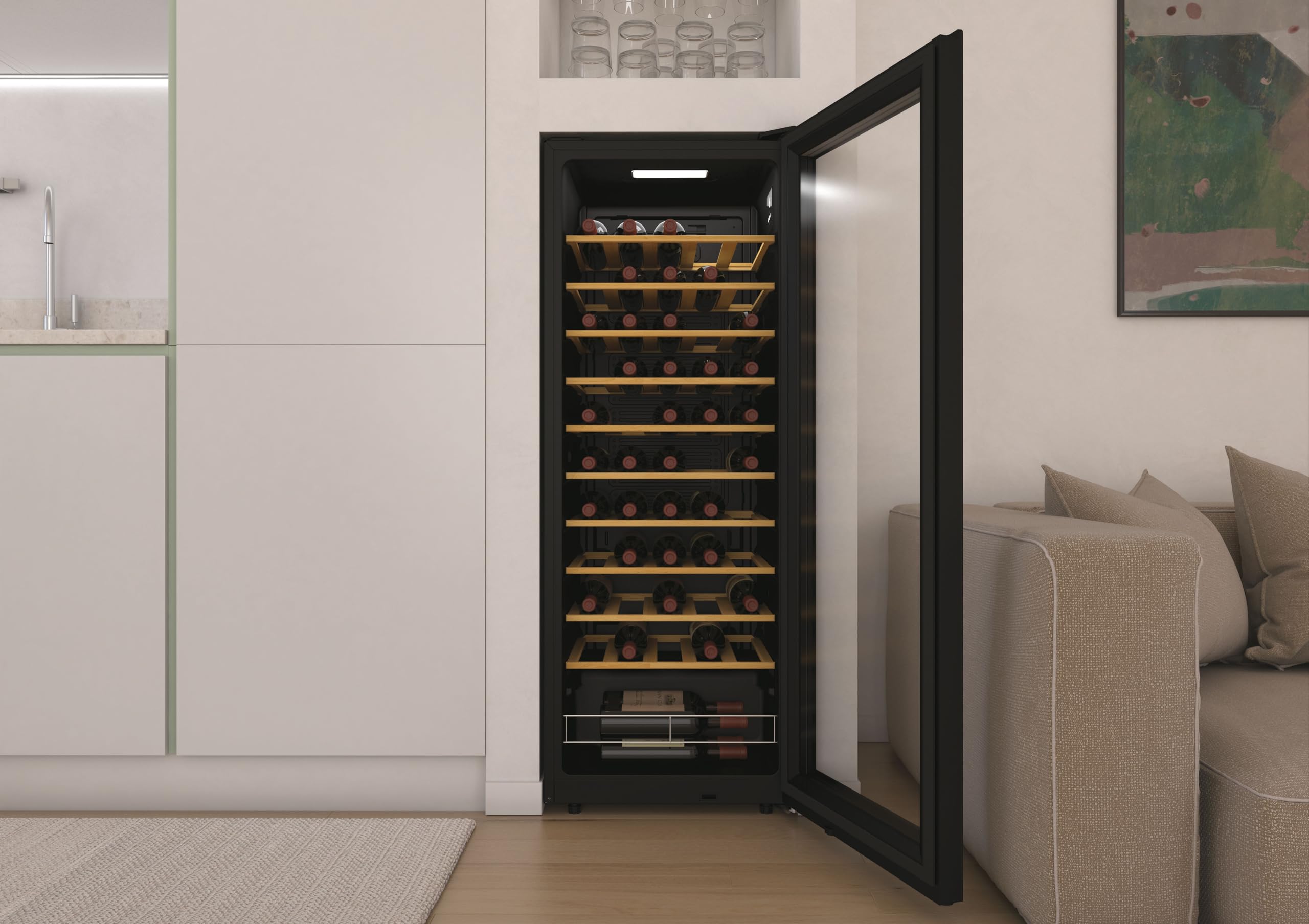 Candy DiVino CWC058, Enoteca, 58 bottiglie, WiFi, App hOn, porta reversibile, 10 ripiani, trattamento anti-UV, compressore anti-vibrazione, illuminazione LED, controllo digitale, maniglia integrata,