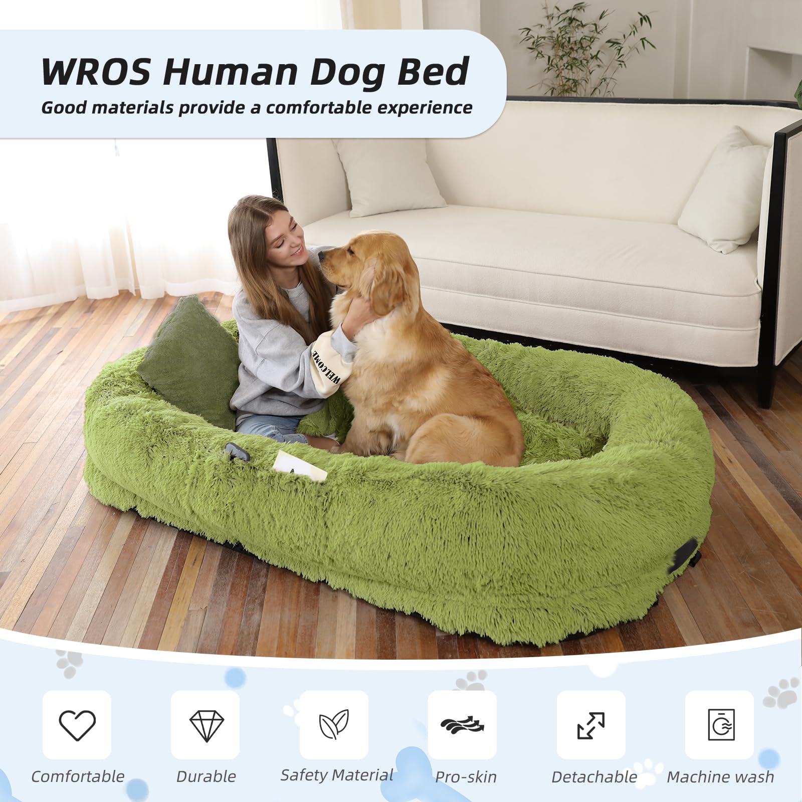 Human Dog Bed, 71''x45''x12'' Size Fits You and Pets, Washable Faux Fur Pet Bed for People Doze Off, Napping Orthopedic Dog Bed, Present Plump Pillow, Blanket, Strap - Pink: 71.0"L x 45.0"W x 12.0"Th GrassGreen