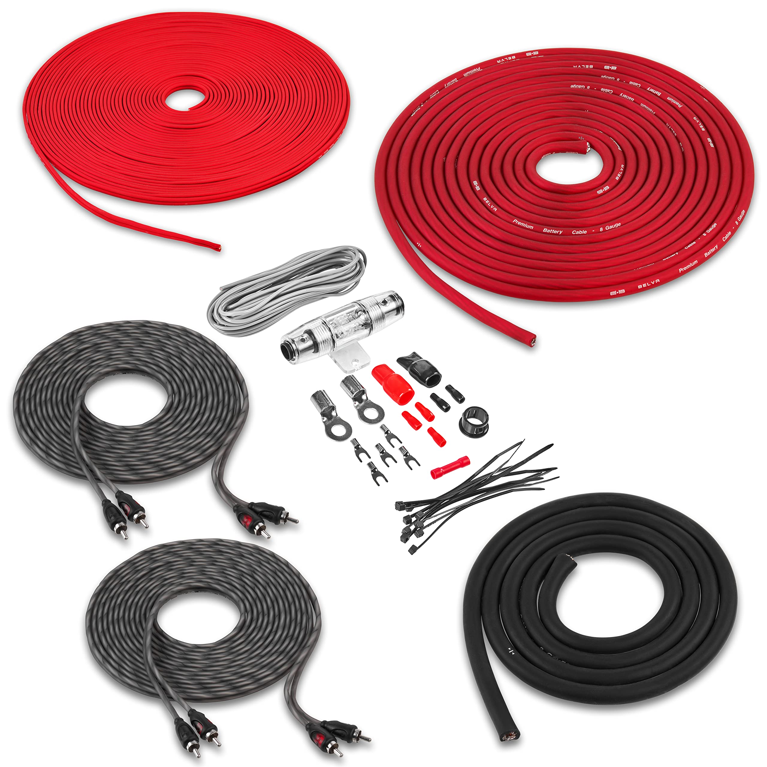 Belva True 8 Gauge AWG Premium CCA Complete Amplifier Wiring Kit with OFC 4-Channel RCA Cable - BAK84 RED