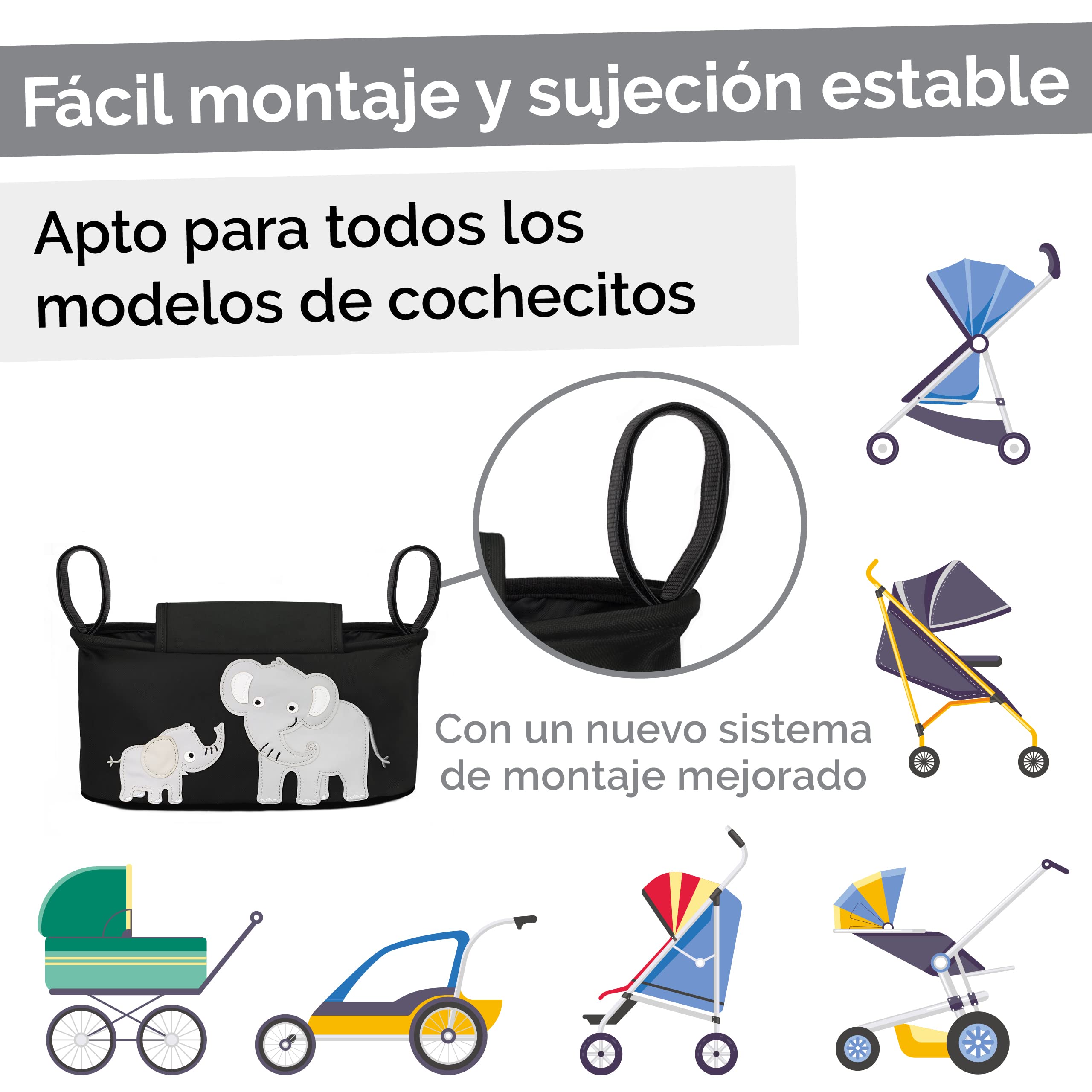 GLÜCKSWOLKE Bolsa Carro Bebe - 12 Motivos I Organizador para Coches de Paseo I Accesorios para Cochecito para Mama I Bolso Carrito I Bolsos Sillas de Paseo I Motivo Elefante (Negro)