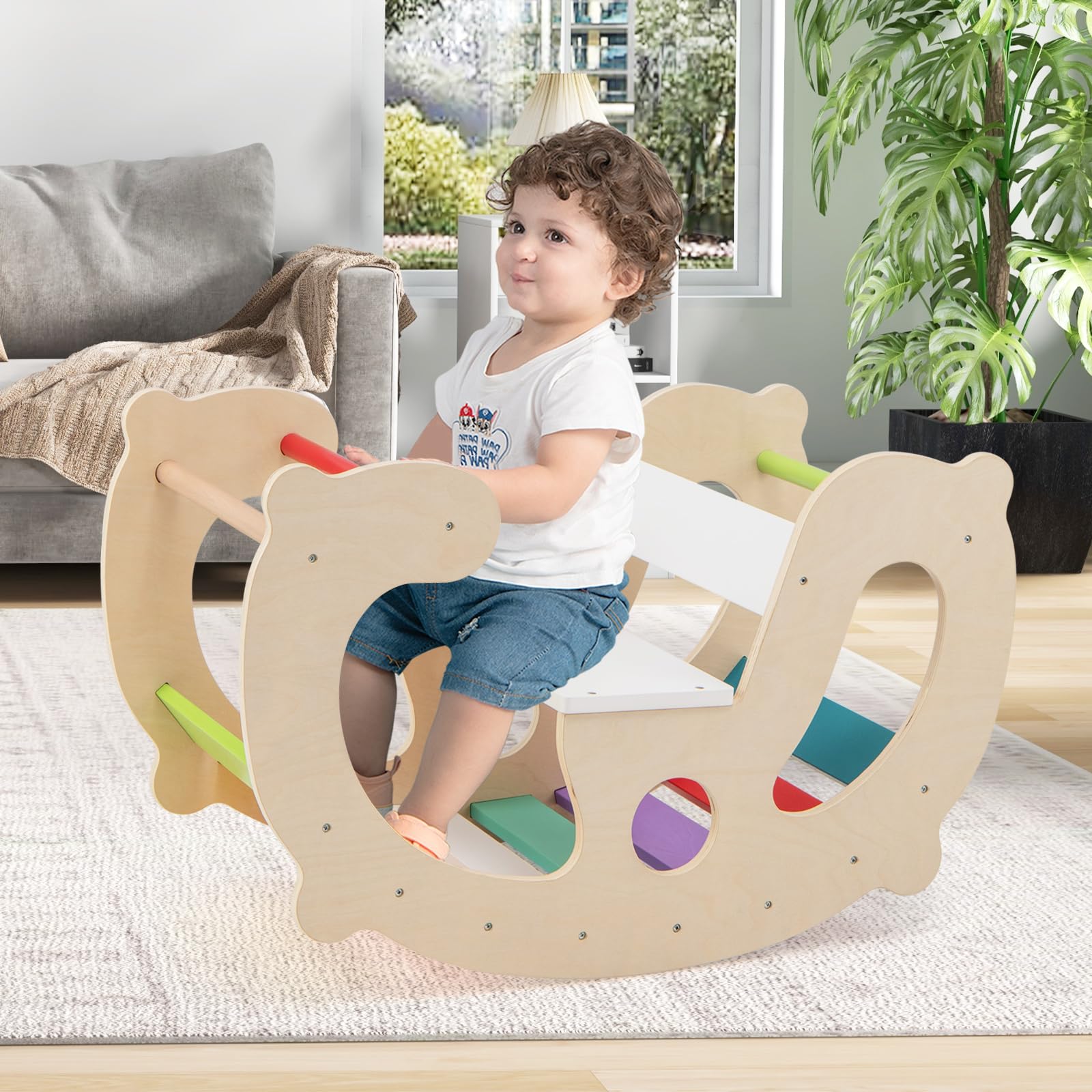 GYMAX 2 in 1 Arco a Dondolo per Bambini, Set Arrampicata Montessori e Cavallo a Dondolo in Legno con Schienale e Sedile, Giostra Interna in Palestra per Giochi Didattici, Regalo per Ragazzi 1+ Anni