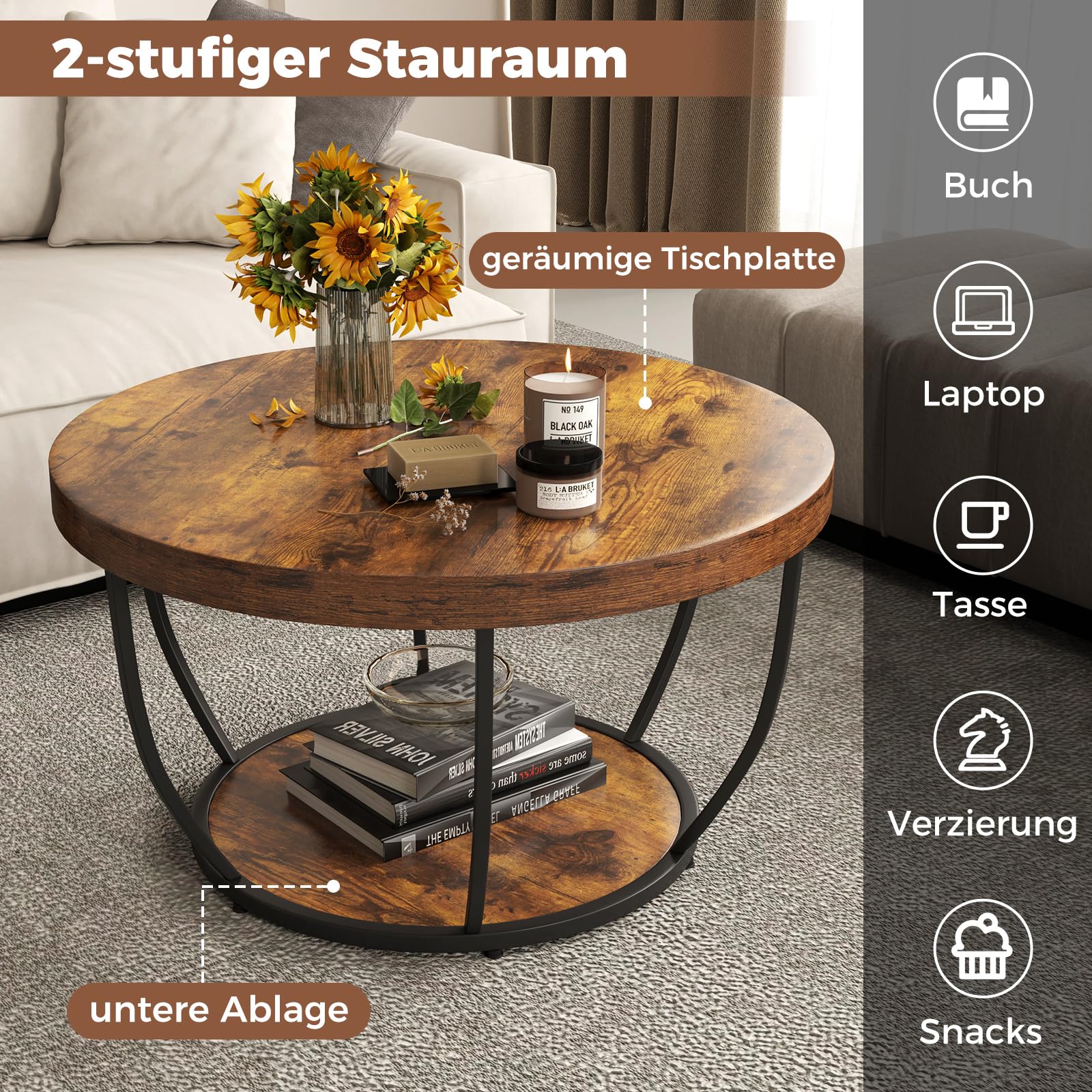 COSTWAY Couchtisch rund, Sofatisch Holz mit 2 Ebenen & Metallrahmen, Wohnzimmertisch Kafeetisch 80 cm D für Wohnzimmer, Empfangsraum, Büro (Rustikales Braun)