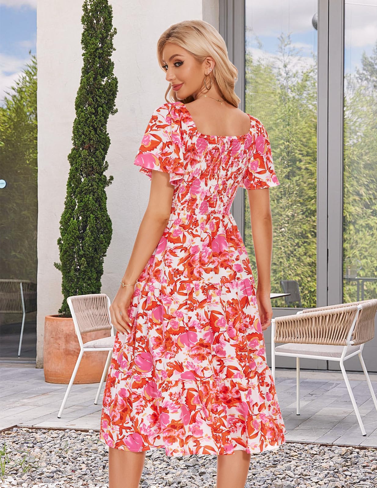 Bbonlinedress Robe été Femme Chic et Elégant à Fleurie pour Plage Casual Cocktail Soirée Bal Top Elastique Manches Courtes