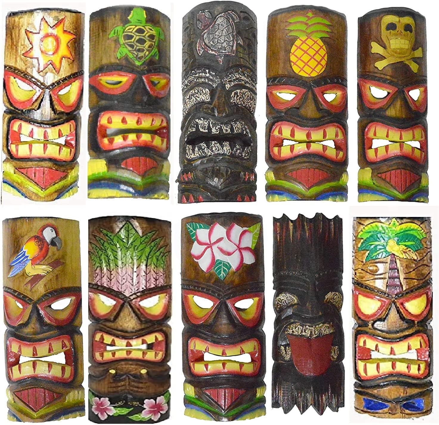 WorldBazzar World Bazzar SET OF 10 HAND CARVED POLYNESIAN HAWAIIAN TIKI STYLE MASKS 12 IN TALL, Blue, Red, Brown, Green, Yellow, White, Pink, Black, Medium