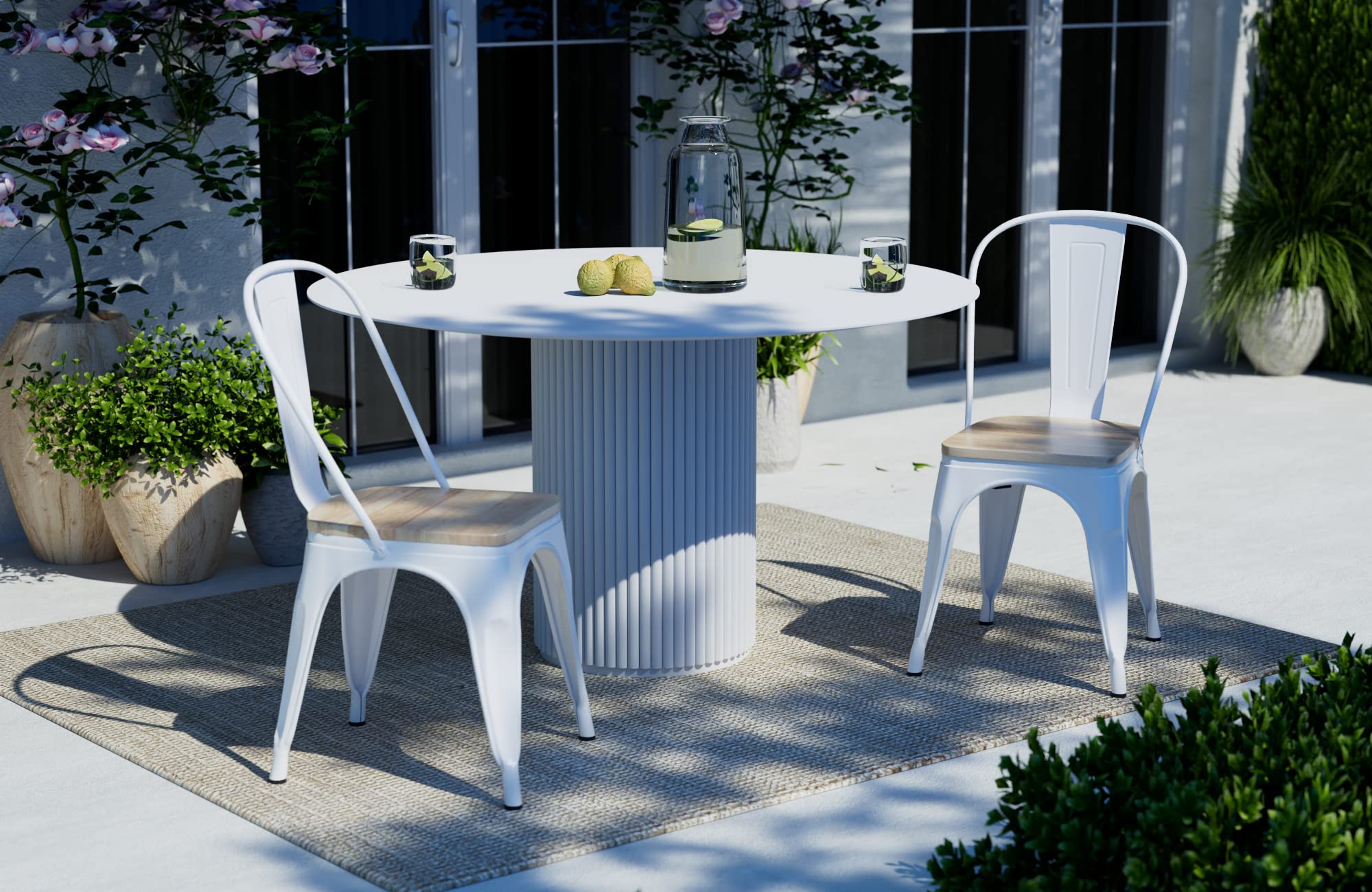 Kosmi Chaise Industrielle Blanche Métal et Bois – Style Factory Vintage – Assise Bois Naturel – Chaise de Salle à Manger, Cuisine, Restaurant, Café – Empilable – Robuste et Confortable