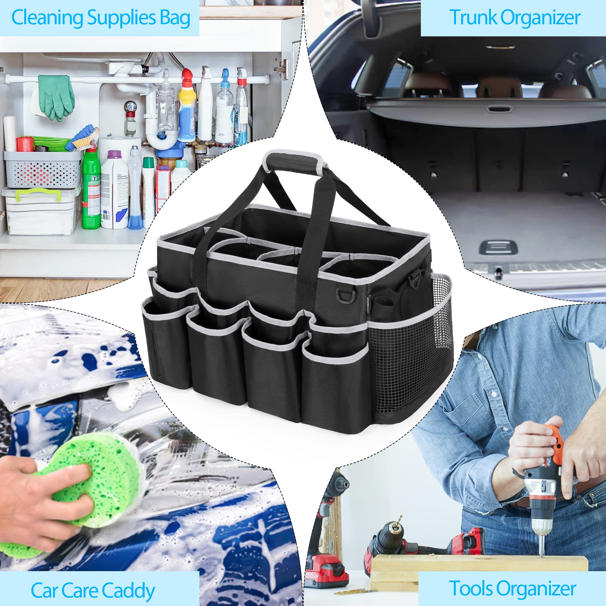 HODRANT Caddy per la Pulizia Della Casa Indossabile Extra-large, Organizzatore di Prodotti per la Pulizia, Borsa per Lavaggio Auto con Cuscinetti, Divisori, Maniglie