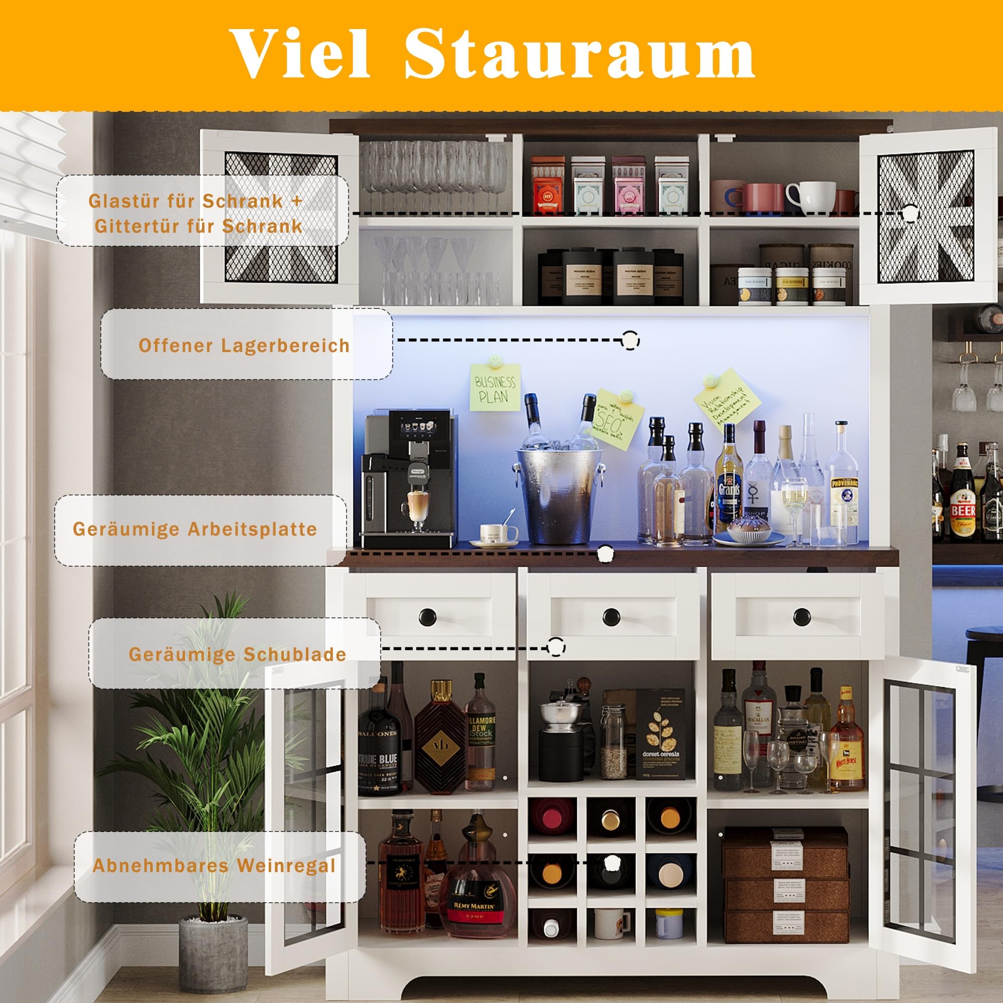 Hochschrank, Küchenschrank mit Smart LED Beleuchtung, fürs Wohnzimmer, Seitenschrank mit Weinregal und Kippsicherung, Verstellbare Einbauregale