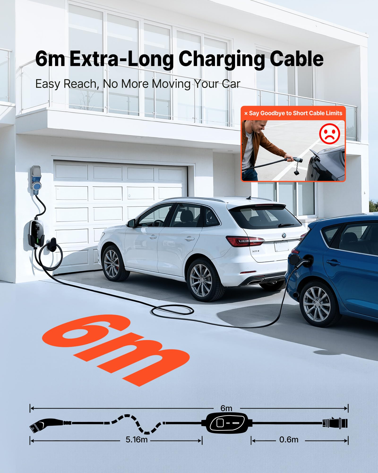 VEVOR Chargeur Voiture Électrique 7,4 KW Borne de Recharge Véhicule Électrique Mobile 32 A avec Câble Recharge Type 2 6 m, Prise CEE 32 A Monophasé, Écran LCD, Courant Réglable, Boîtier Commande IP66