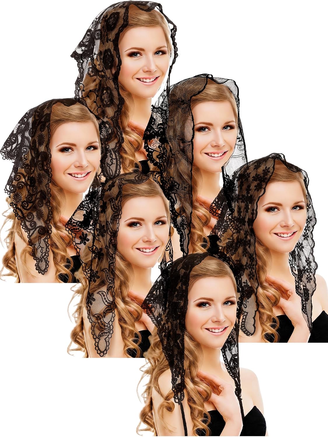 Fourluoo 6 Pcs Mantilla Chapel Veils for Church Triangle Mass Veil Catholic Lace Head Coverings Women Latin Christian Veils