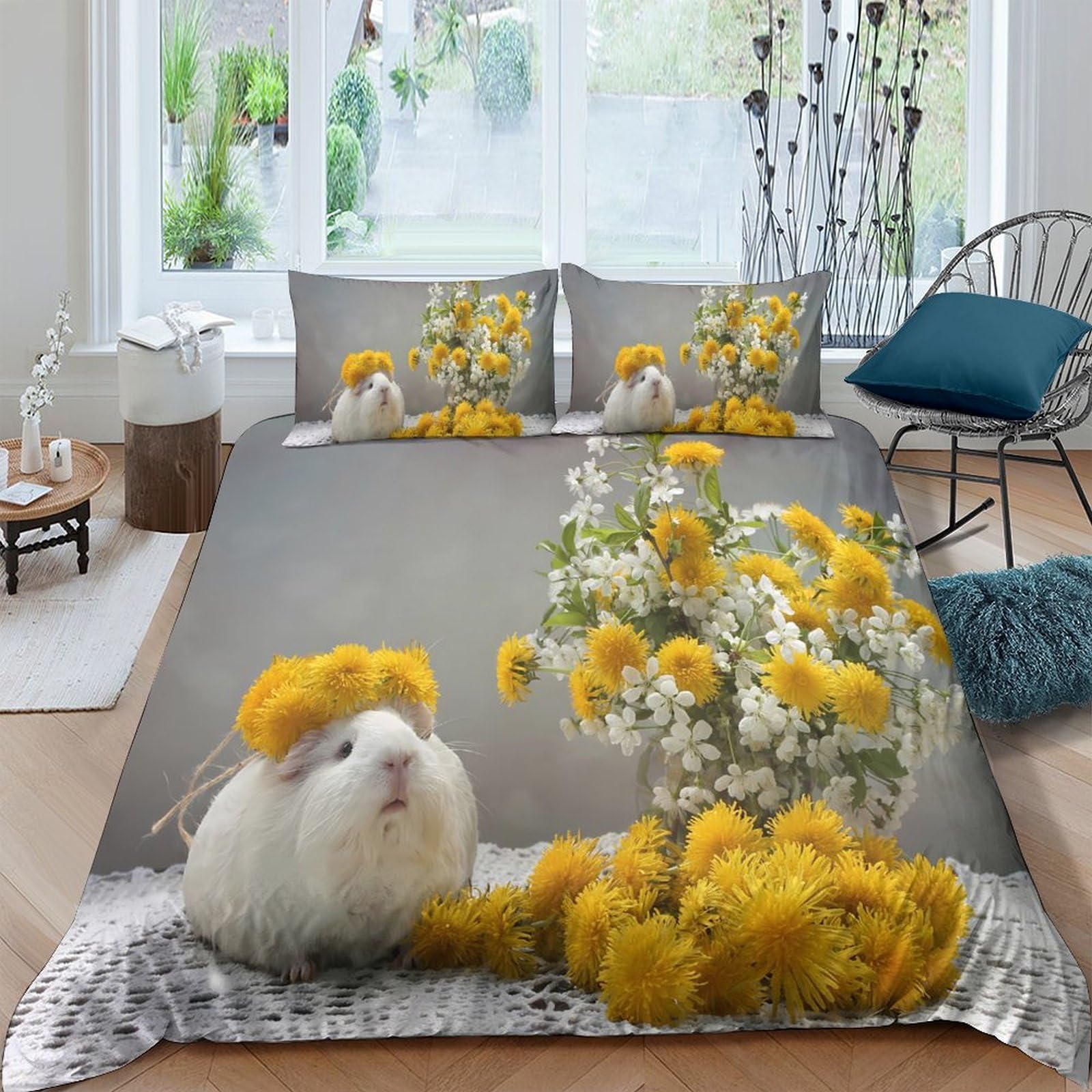 Ctjqhvkz Style-3 3D Printed Yellow Flower Guinea Pig Fitted Sheet Microfiber Soft Grey Bed Cover For Bedroom Guest Room Decor Single（135X200cm）