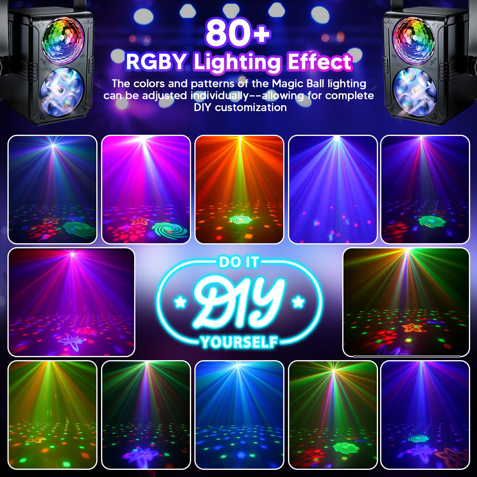 Luci da Palcoscenico Discoteca,YAZEKY 60 Motivi RGB Luce della Festa Della Discoteca,3 in 1 con Effetto UV, Luce Stroboscopica Discoteca Attivata dalla Musica USB Girevole a 360° (Red&Green, YSH-437)