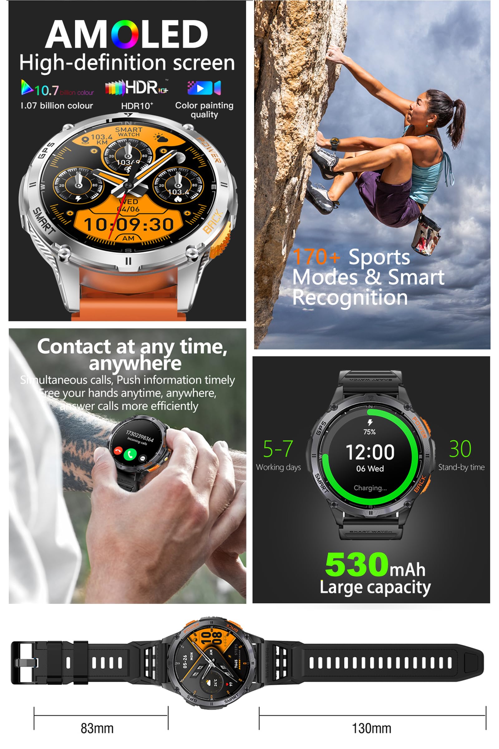 Orologio GPS da uomo, militare, sportivo, con bussola, altimetro, barometro, orologio da fitness, frequenza cardiaca, pressione sanguigna, contapassi, orologio da corsa all'aperto, torcia a LED