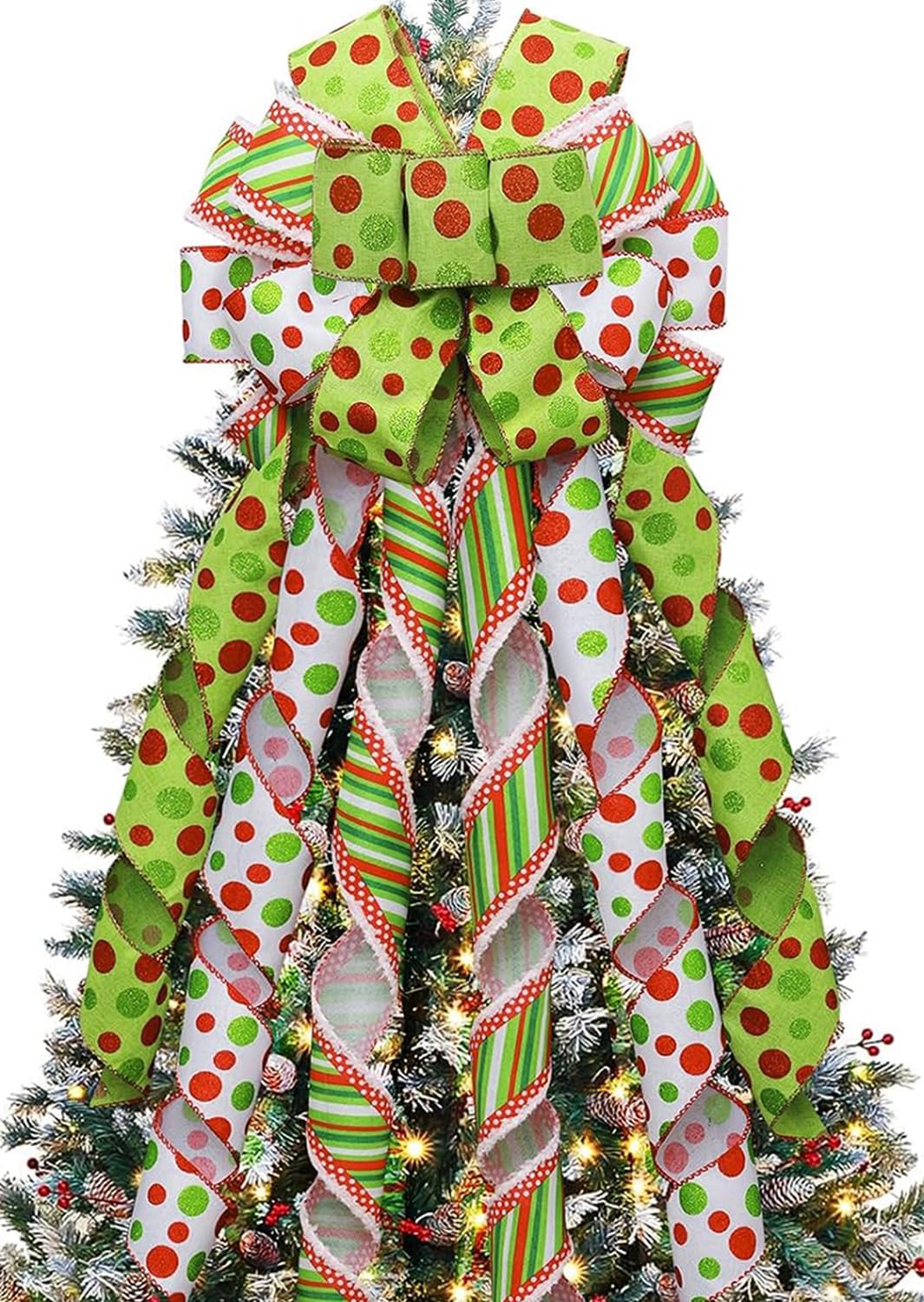 Christmas Tree Topper Wreath Bow Large Green Christmas Bow Tree Topper, Red Green