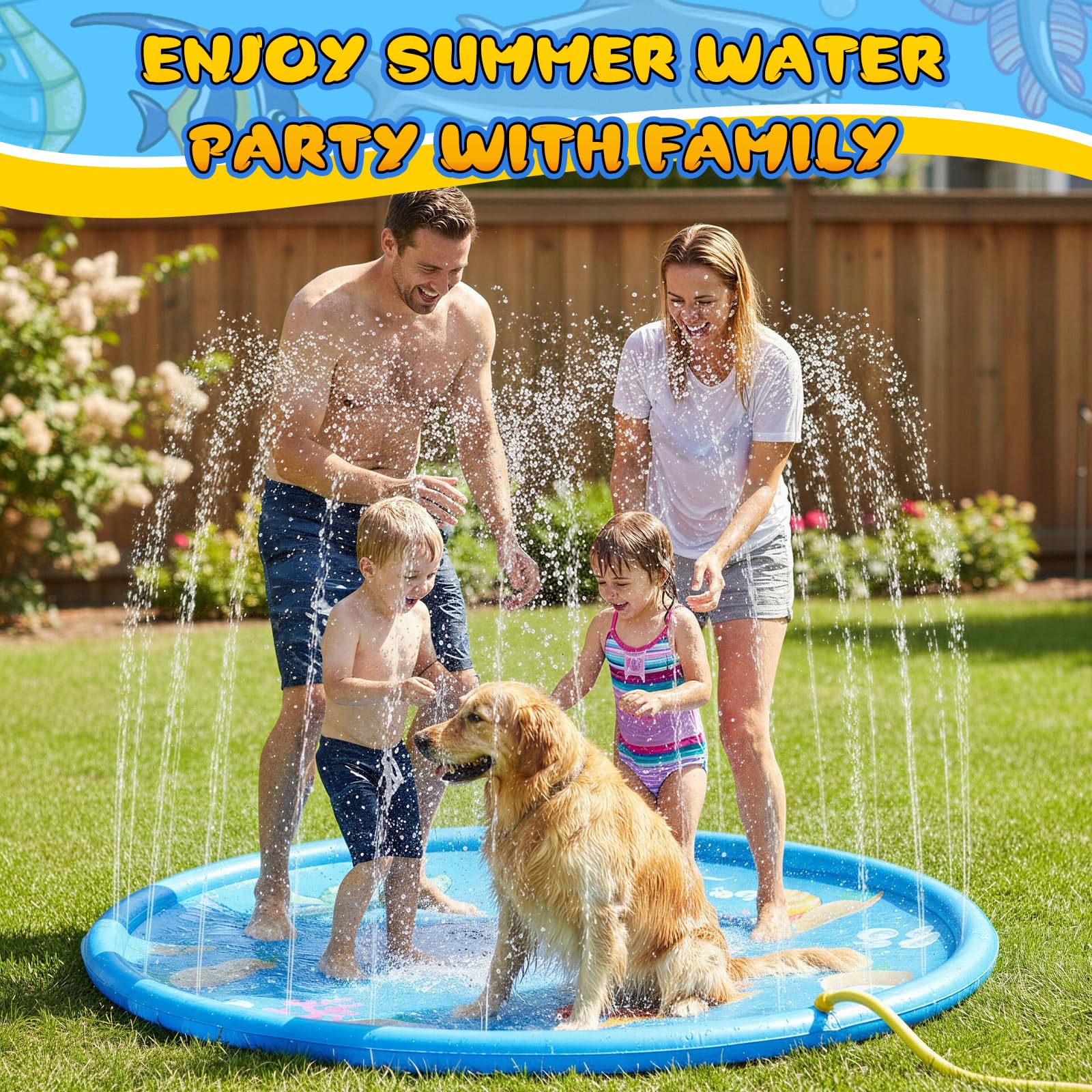 Splash Pad, 170CM Wasserspielmatte Sprinklermatte Kinder Sommer Outdoor | Wasserspielzeug Kinder Outdoor 3+ Kinder Anti-Rutsch Gartenparty Haustier Springbrunnen Garten Wassermatte Wasserspielmatte