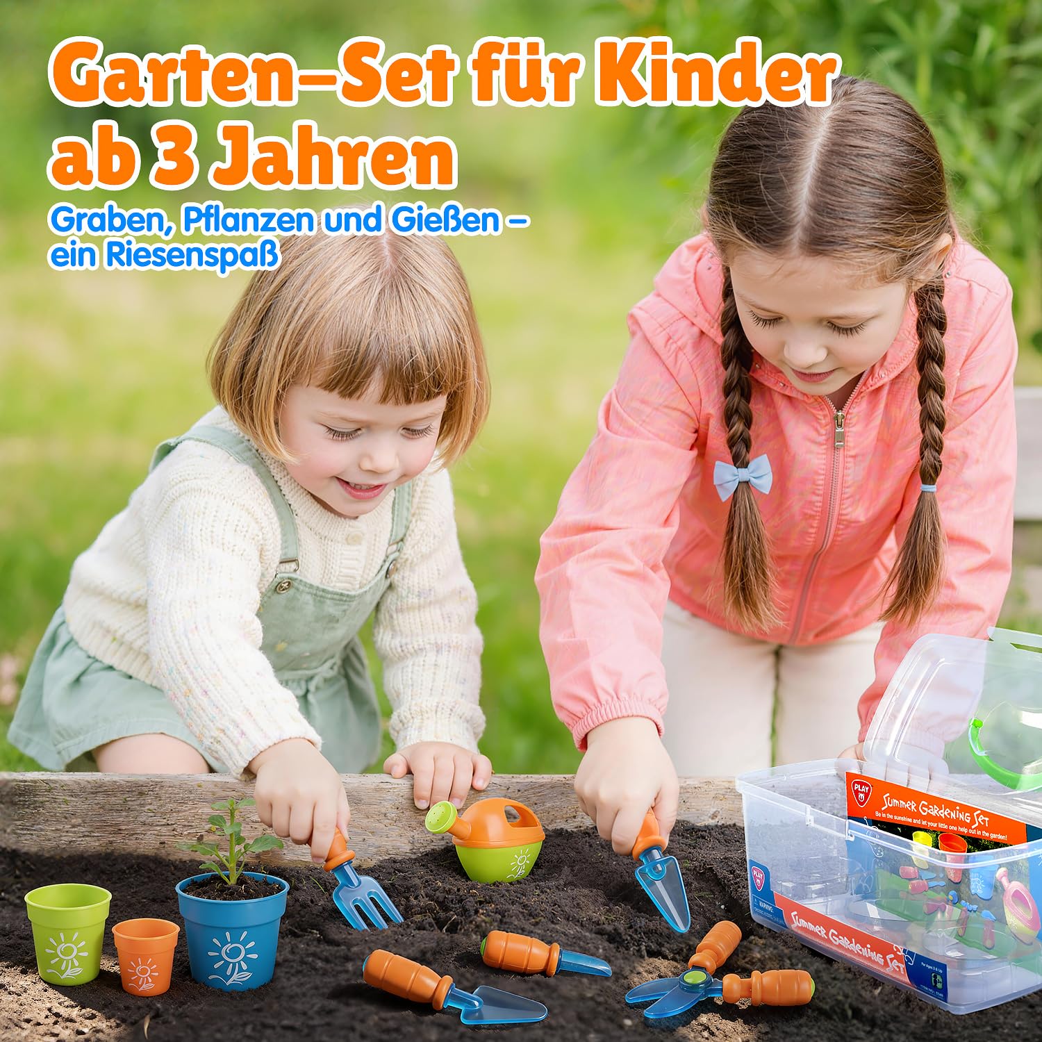 PLAY Gartenwerkzeug Kinder Set,Gartengeräte mit Schaufel, Gabel, Schere, Blumentopf, Gießkanne, Schild und Aufbewahrungsbox, Gartenset Kinder für Kinder ab 3 Jahren