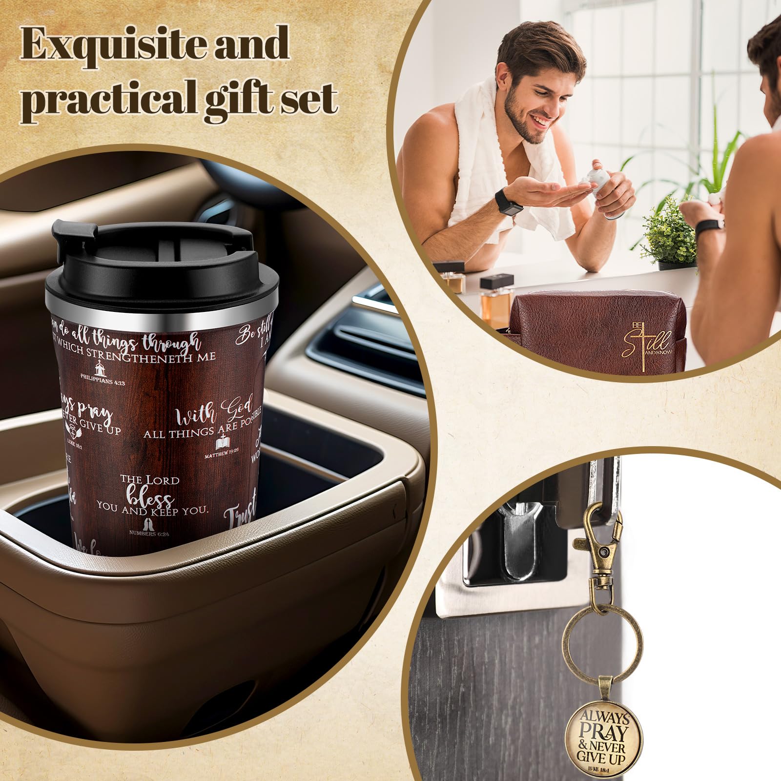 Roshtia 3 Pcs Christian Gifts for Men God Father Appreciation Gifts Bible Faith 20oz Stainless Steel Tumbler with Lid Straw Religious Leather Toiletry Bag Keychain for Birthday Father Day Dad Husband