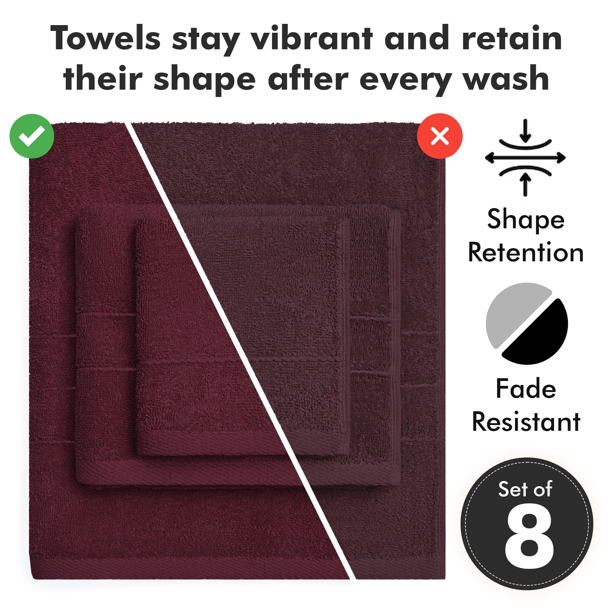Ensemble de serviettes de bain de 8 pièces – 100 % coton Ensemble de serviettes bordeaux comprenant 2 serviettes de bain, 2 serviettes de main, 4 serviettes pour le visage – Serviettes