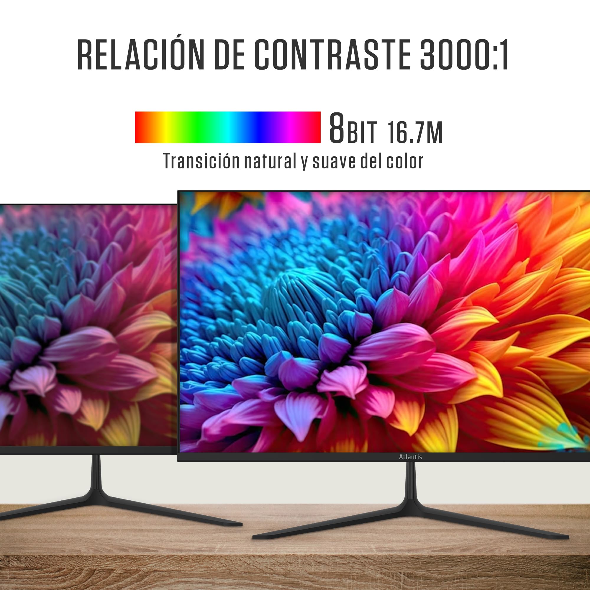 Atlantis Monitor de 22 pulgadas, pantalla LED 22" 100 Hz, Full HD 1920x1080, VGA, HDMI, MULTIMEDIA, FreeSync, salida de audio/auriculares, inclinación, 5 ms, 3000:1, ángulo 178°/178°, cable HDMI 1,5 m