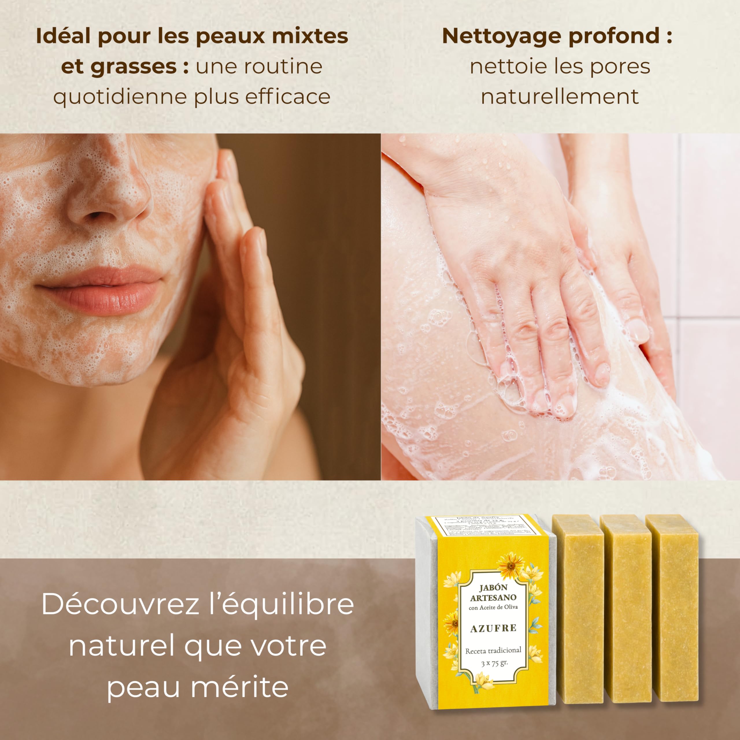 Savon au Soufre acné visage – Savon Visage femme et homme à l’Huile d’Olive 3 x 75g – Nettoyant Anti Acne, Points Noirs et Dermatite pour Peau Grasse & Mixte pour un usage quotidien