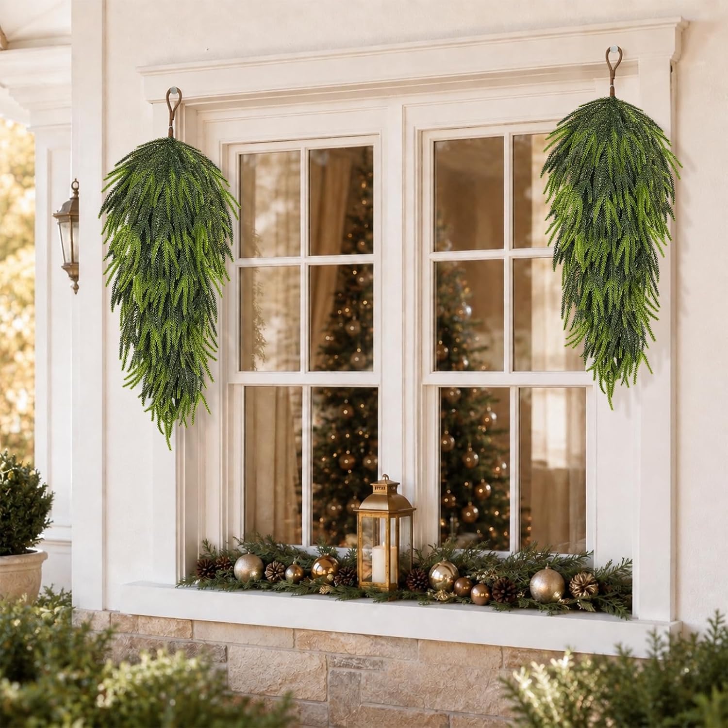 30 Inch Artificial Christmas Teardrop Swags, 2 Pack Cedar Mixed Green Evergreen Door Hangings with Loops for Front Door, Mantel and Holiday Decor