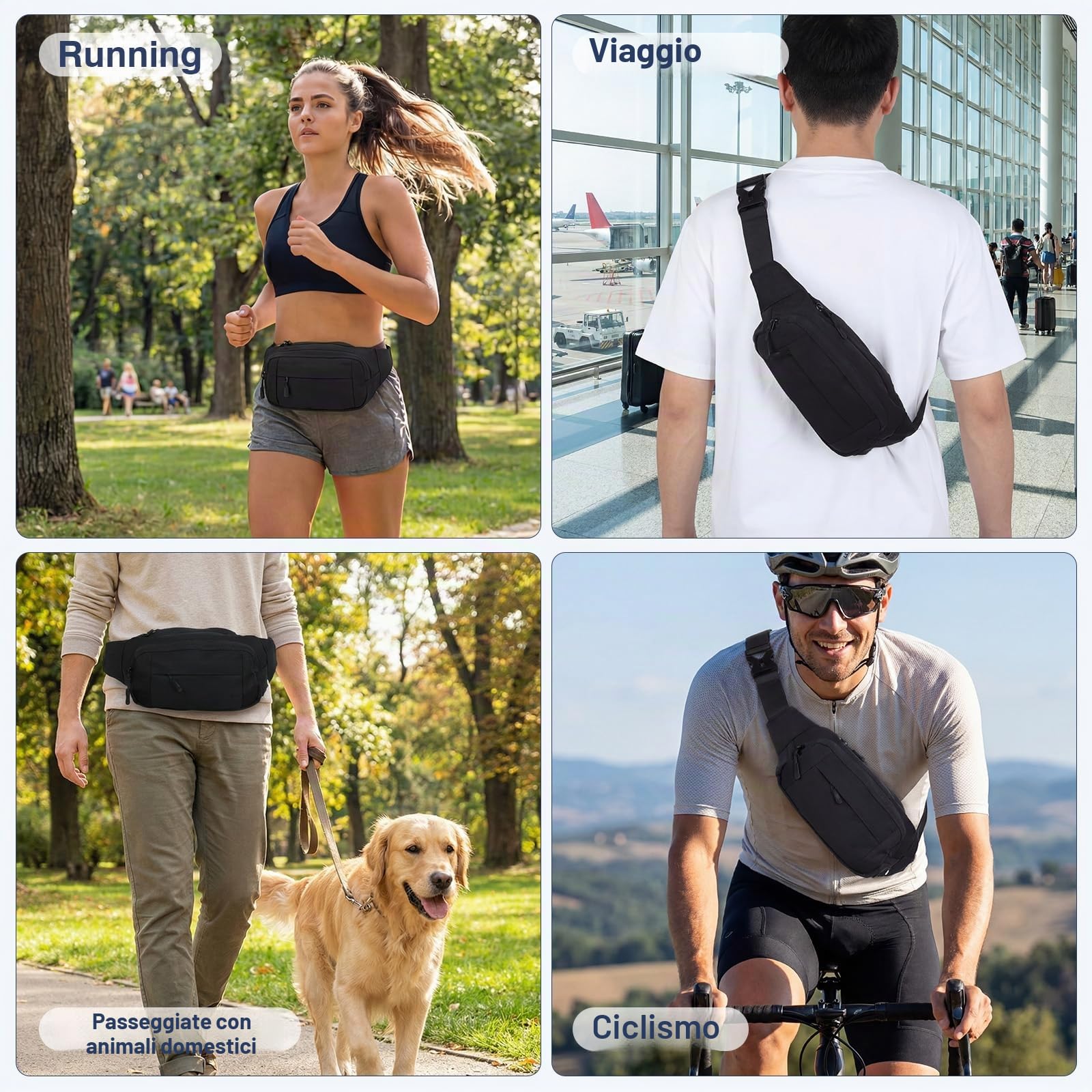 OTraki Marsupio Running Marsupio Sportivo Con Zip Tasche, Marsupio Uomo Tracolla Cintura Regolabile Marsupio Donna Sportivo Impermeabile Nero Per Uomo Donna Ciclismo Running Escursionismo