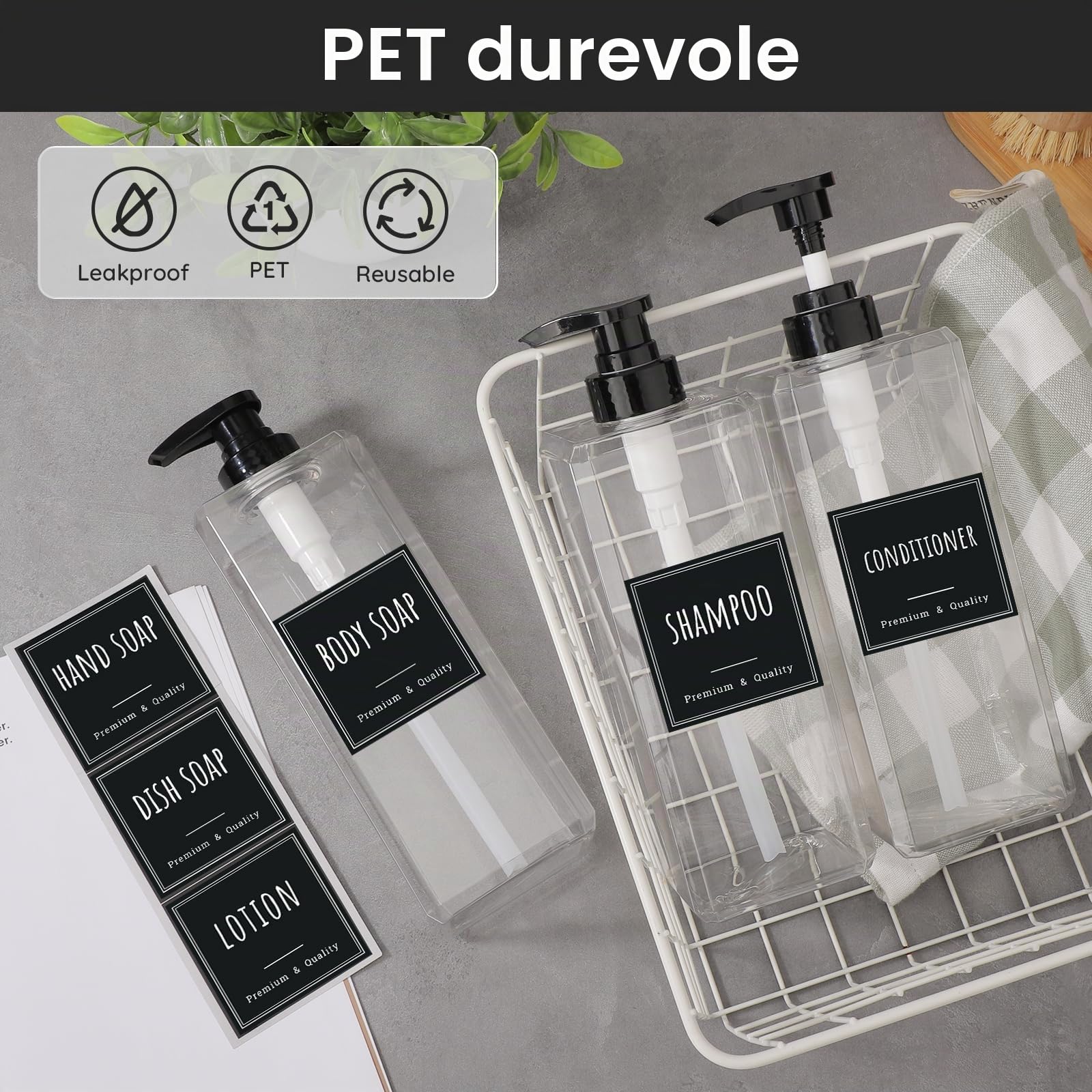 Segbeauty Dispenser Sapone Bagno Trasparente, 3 Pezzi 1000ml Dosatore Shampoo con Etichetta, Flaconi Vuoti in Plastica, Dispenser Sapone per Cucina e Bagno (Quadrato)