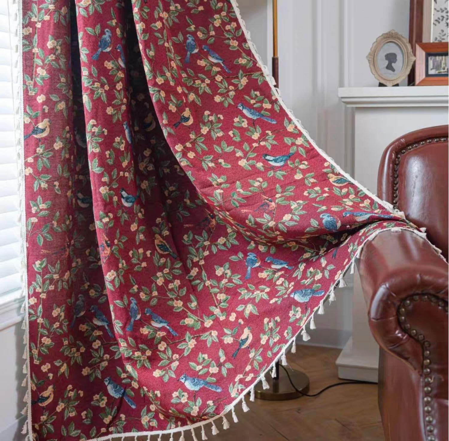 Rideau jacquard rouge oiseaux fleurs anti regard indiscret pour fenêtre de salon