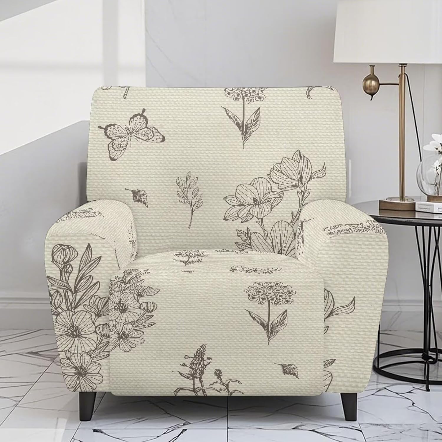 FOR U DESIGNS Floral Butterfly Recliner Slipcover Chair Cover Universal Stretch Protective Covers for Living Room Recliners with Elastic Loops Quick Install Washable