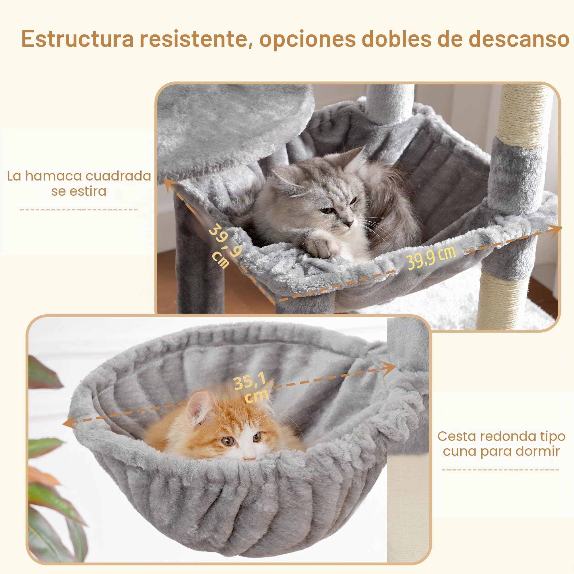 Heybly Rascador Para Gatos Grandes, 193 cm Torre para Gatos con Base Grande de 5 Postes para Máxima Estabilidad, Incluye 2 Cuevas, 1 Hamaca, 1 Cesta y 10 Postes Rascadores de Sisal, Gris Claro HCT039W