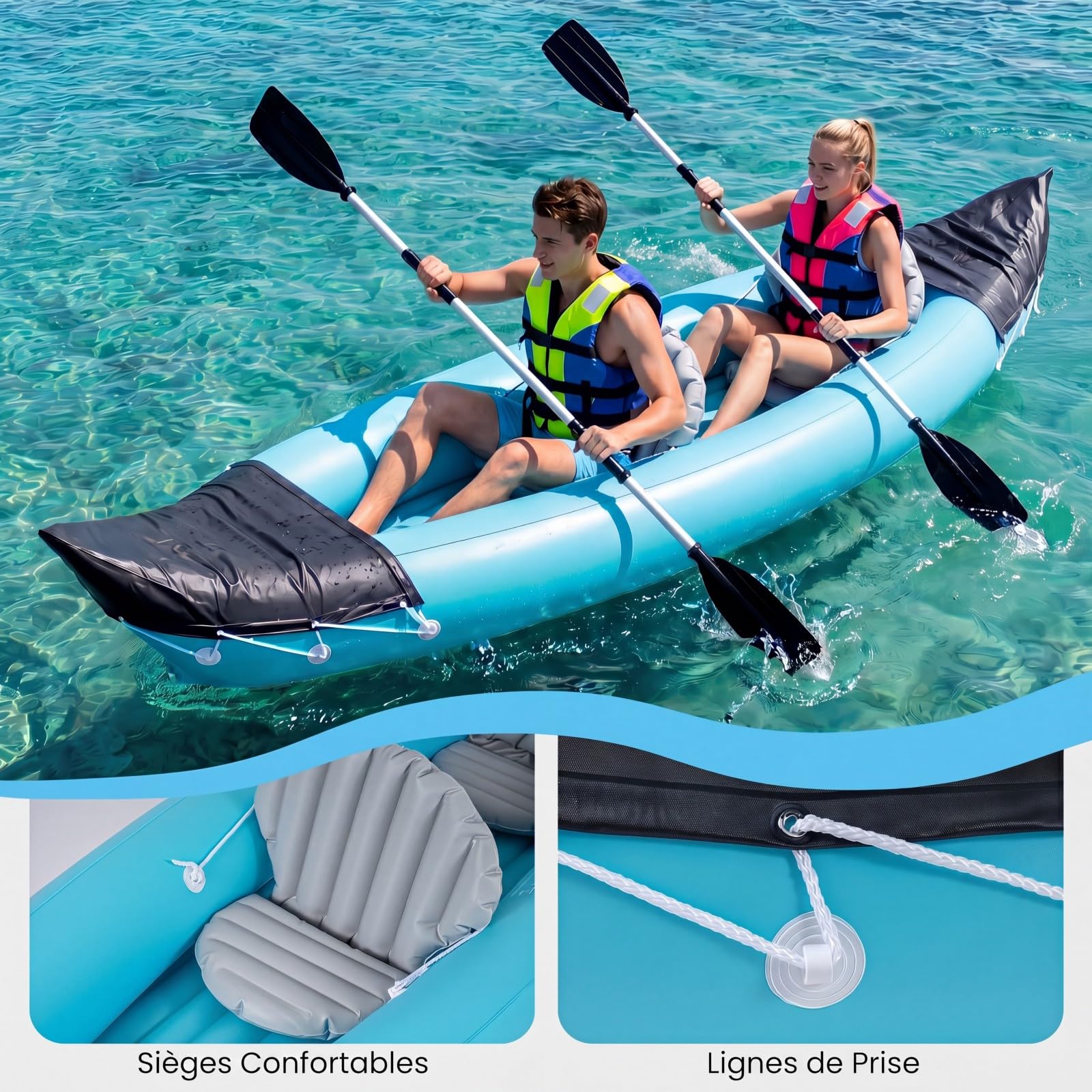 COSTWAY Set de Kayak Gonflable 2 Places | Canoë avec 2 Sièges Rembourrés, Pagaie en Aluminium Pompe, Sac de Transport