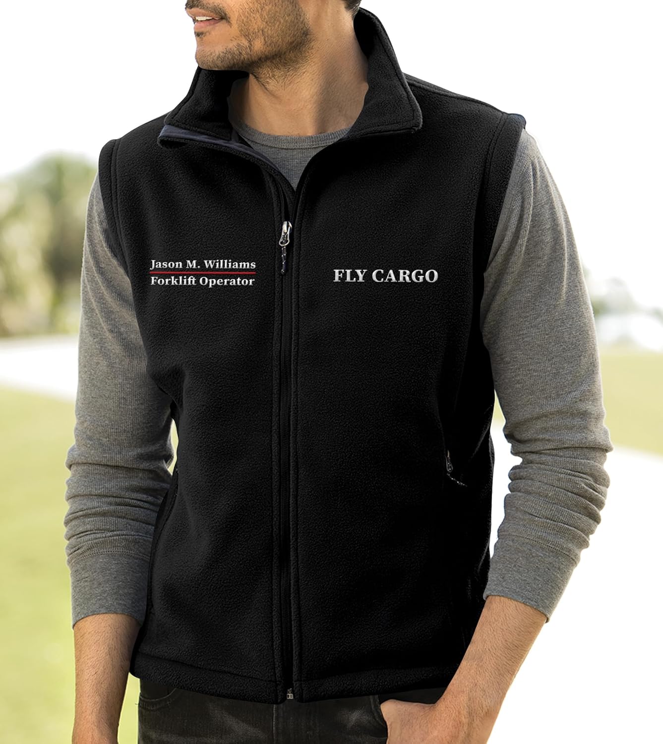 TEEAMORE Custom Embroidered Fleece Vest for Men Add Your Text Personalized Embroidery Zip Up Sleeveless Vest - Image 2
