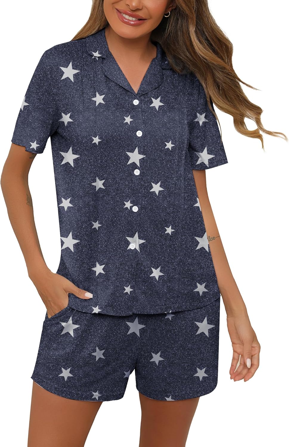 Women's Button Down Pajamas Set Short Sleeve Sleepwear Casual Two Piece Pjs Set Nightwear S-XXL Stars Large