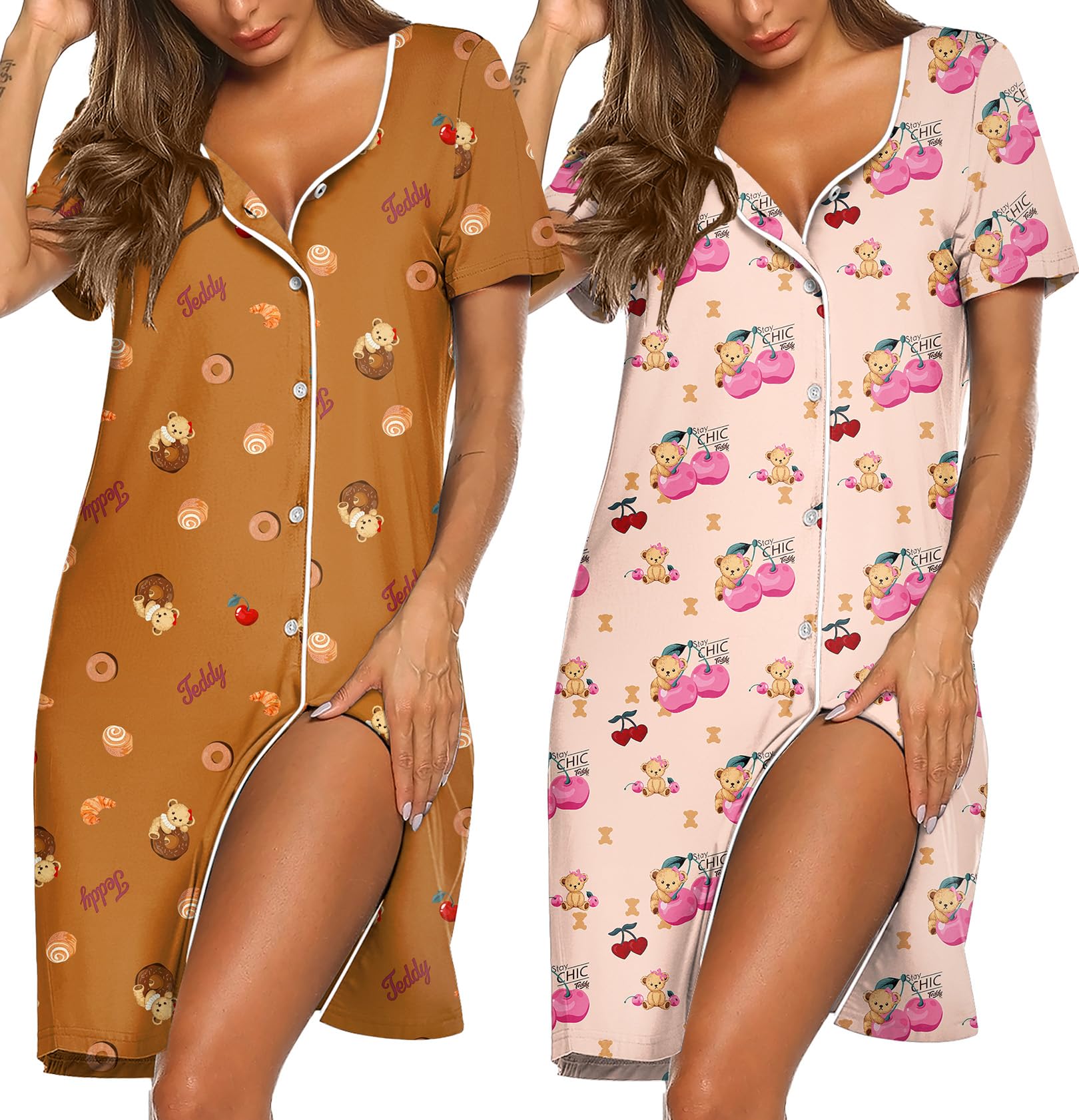 Ekouaer 2er Nachthemd Damen Zum Knöpfen Sleepshirt Kurzarm Schlafshirt V-Ausschnitt Schlafhemd Blumen Zweiteiliger Nachtwäsche