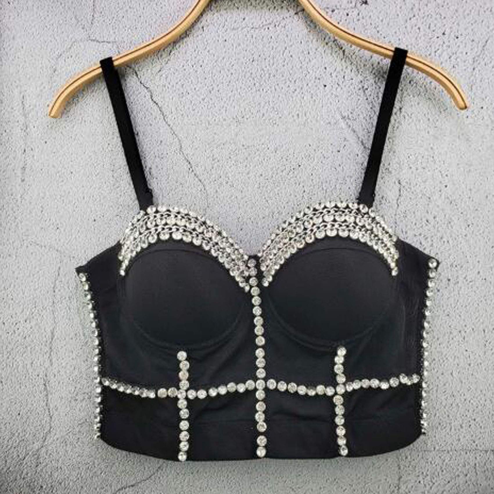 Damen Strass Diamant Push Up Bustier Crop Top Gothic Punk Korsett Clubwear Party BH with Detachable Strap
