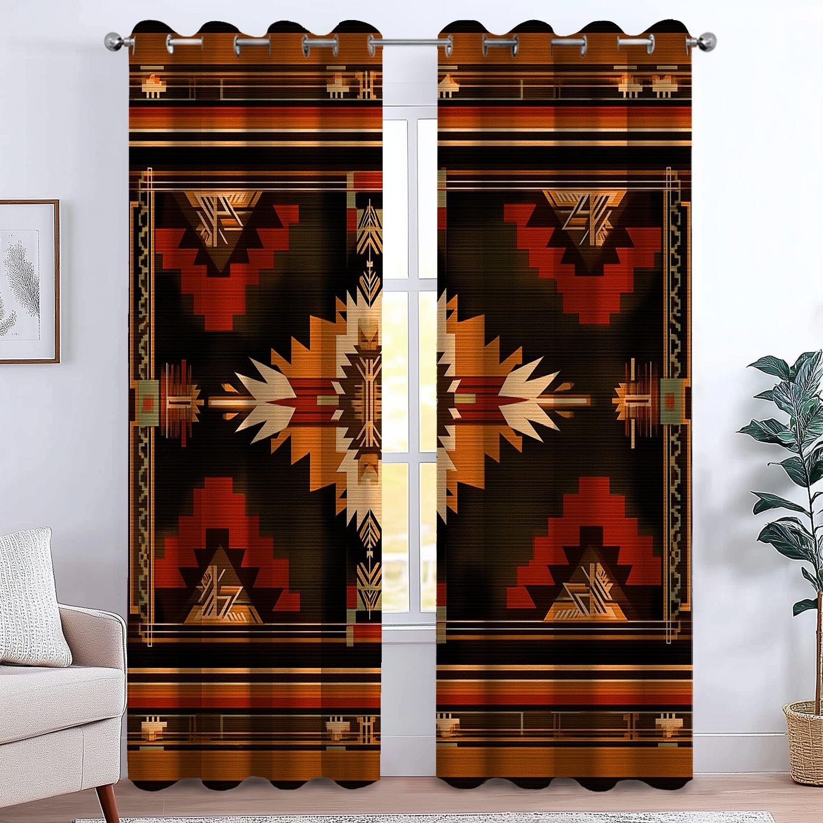 Vintage Teppich Vorhänge B140 x H245 cm (2er Set) Verdunkelungsvorhang für Jungen & Mädchen, Stammesmuster Traditionell Thermogardine Blickdicht mit Ösen, für Büro Schlafzimmer - Dunkelbraun