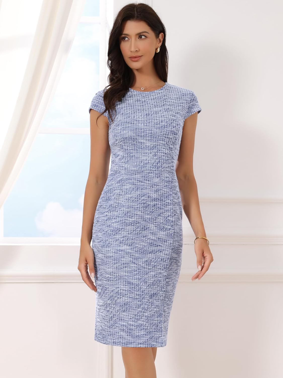 Allegra K Women's Elegant Tweed Dress Crew Neck Cap Sleeve Split Office Work Pencil Dresses