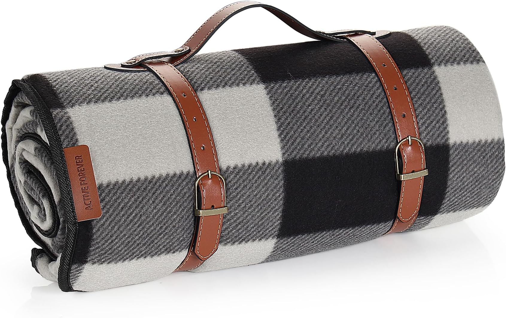 Picnic Blanket Portable, 200x200CM Extra Large Waterproof Picnic Mats with Carrying Handle, Outdoor Multipurpose Rugs for Camping, Travel, Park, Beach, Garden, Black Gray Plaid