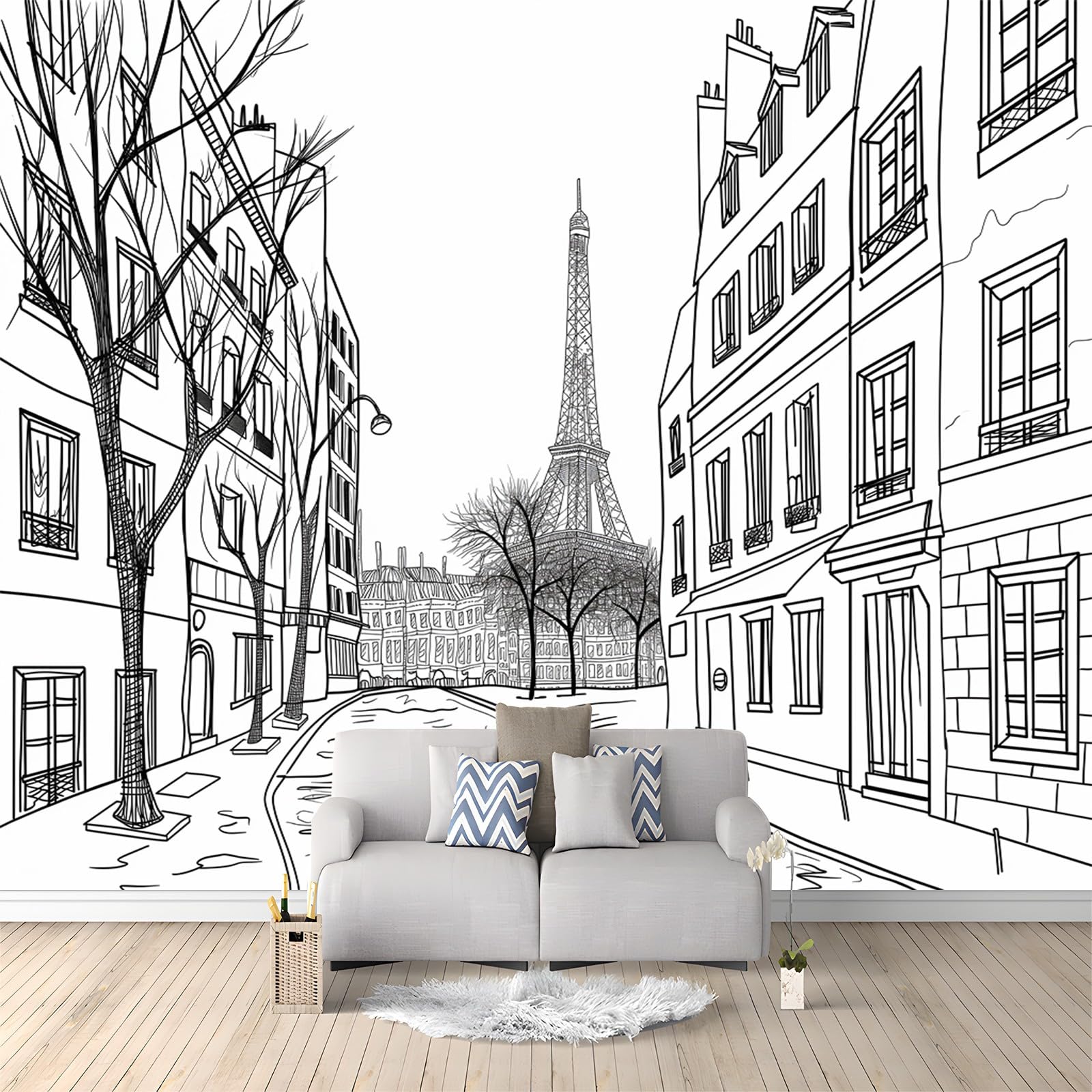 Tapete 3D Fototapete Handgezeichnete Pariser Straßen 350x256 cm Vliestapete Wandtapete Wandbilder 3D Druck Foto Tapeten für Wohnzimmer Schlafzimmer Vlies Tapete Motivtapeten