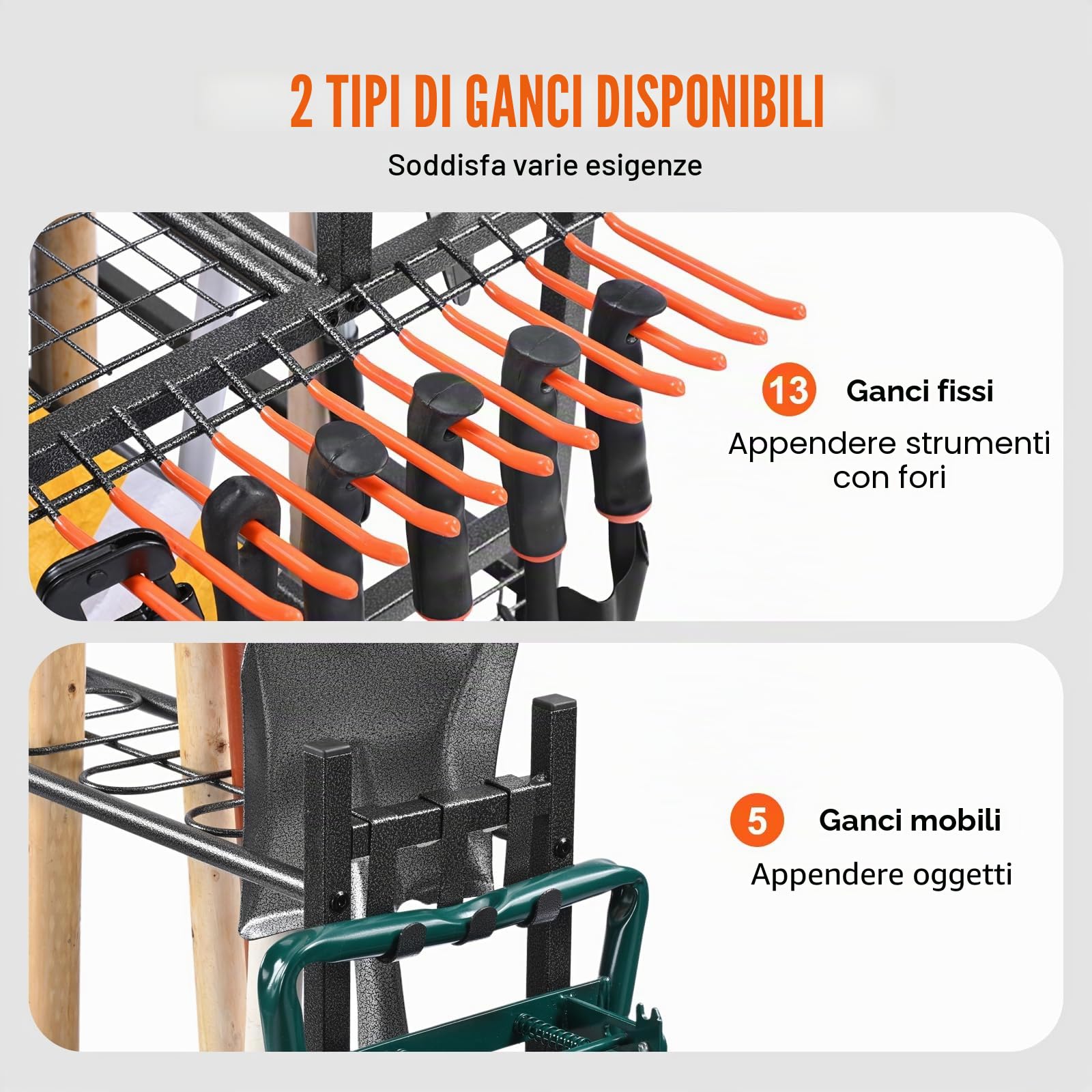 VEVOR Porta Attrezzi da Giardino 16 Slot Ganci, Organizzazione Stoccaggio in Metallo PP con Ruote per Garage Officina