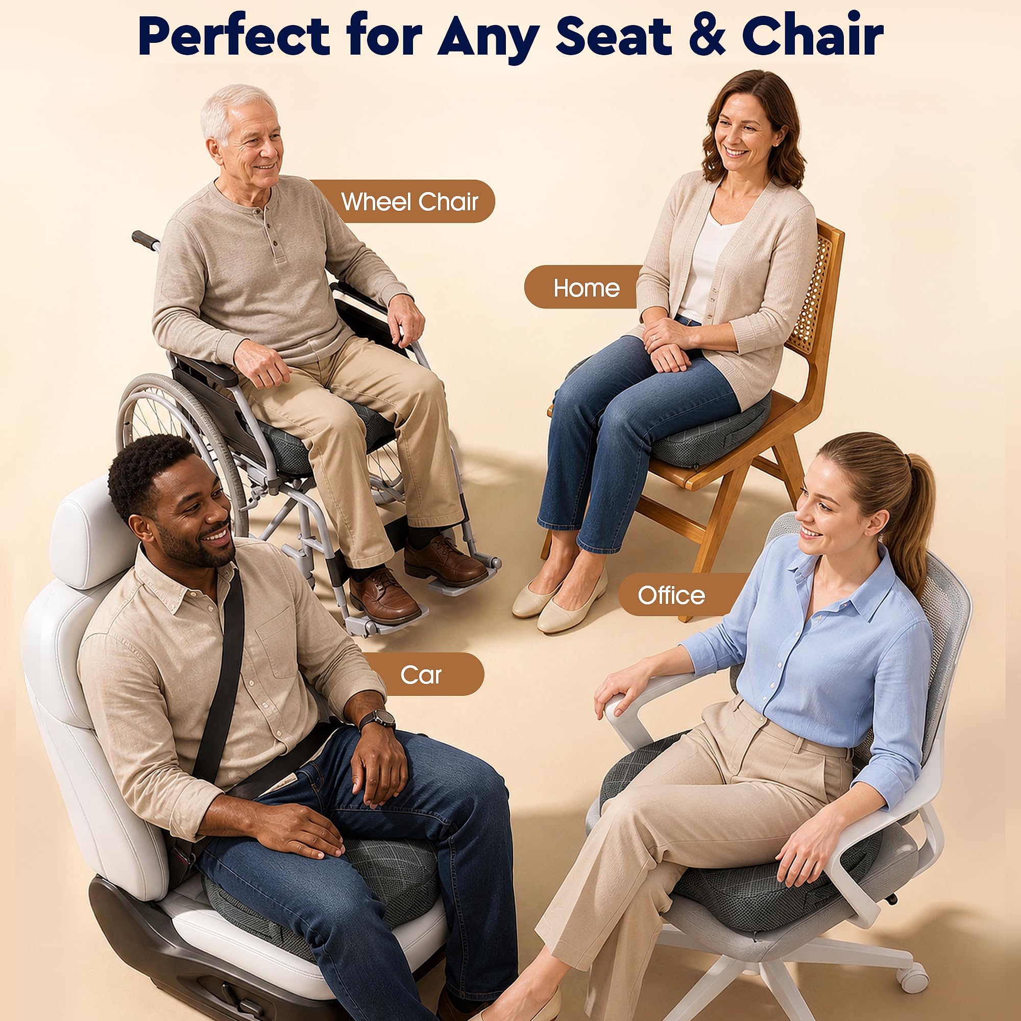 TushGuard Seat Cushion - Memory Foam Cushion for Office Chair, Car Seat, Airplane, Bleacher - Sciatica & Hip & Coccyx Pain Relief Desk Chair Cushion for Long Sitting Office Workers, Car Drivers