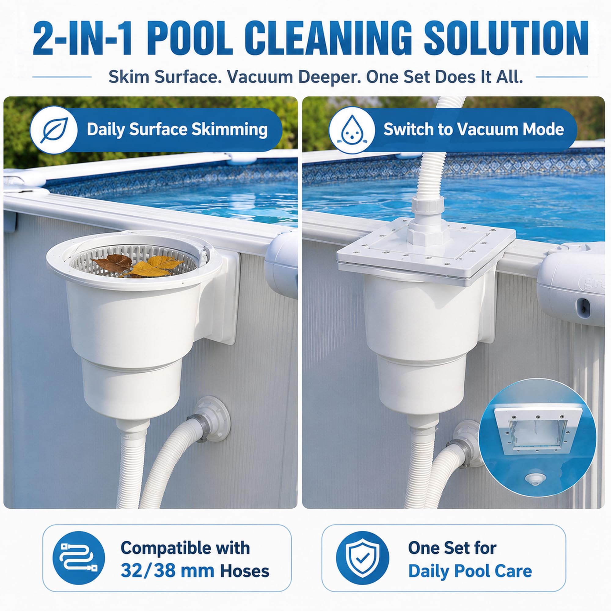 Skimmer - Juego de skimmer para piscina (10 piezas, boquilla de entrada, cesta grande, conexión de manguera de 32/38 mm, para piscinas de pared de acero, piscina de superficie, limpieza de