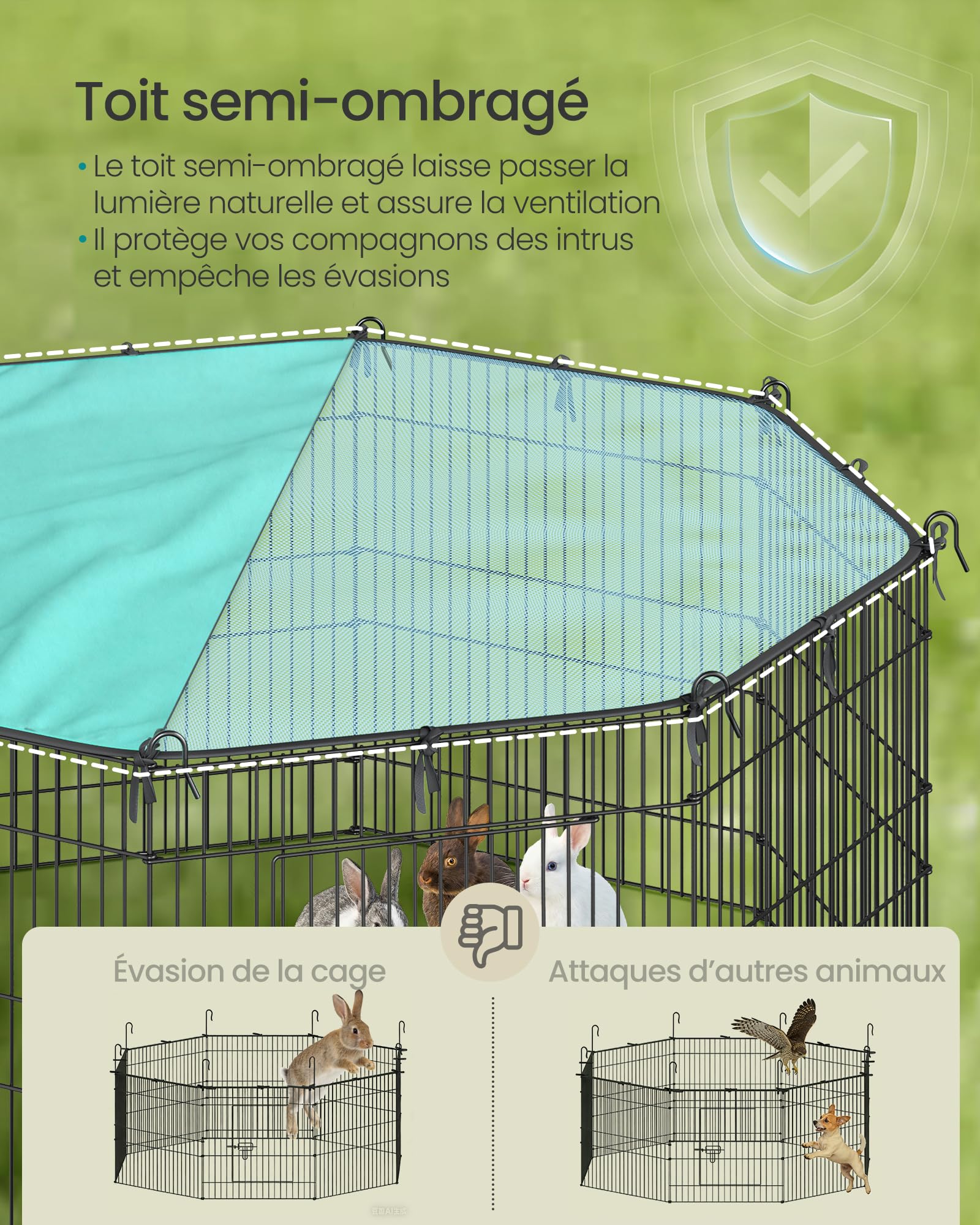 SONGMICS Enclos pour Petits Animaux 8 Panneaux 138 x 138 x 60 cm Noir d'encre avec Toit Respirant Protection Solaire