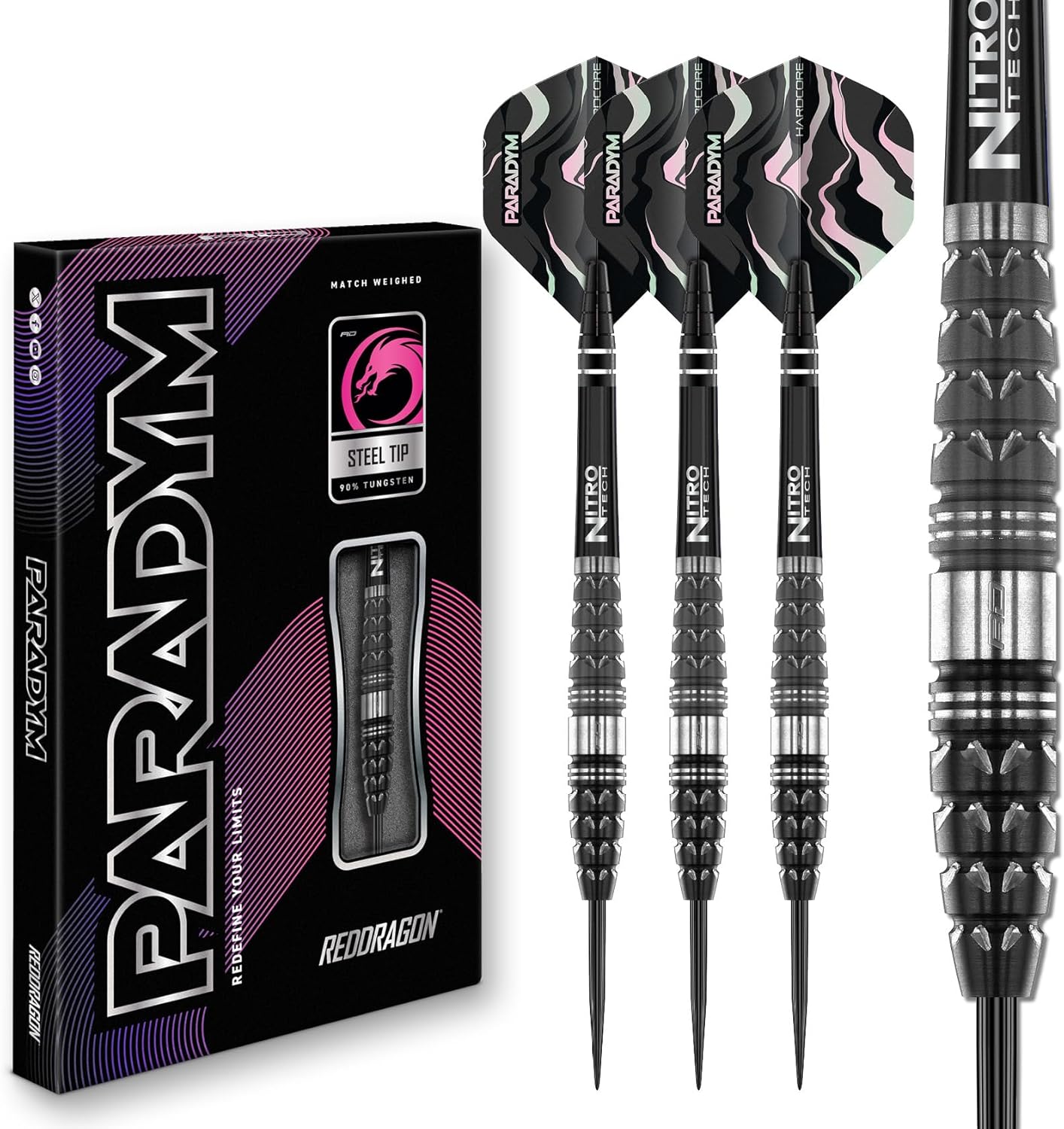 RED DRAGON Darts - Paradym Series - 90% Tungsten Professional Steel tip Darts Set with Dart Flights and Dart Shafts (Stems) - Available in 21g, 23g, 24g, 25g & 26g