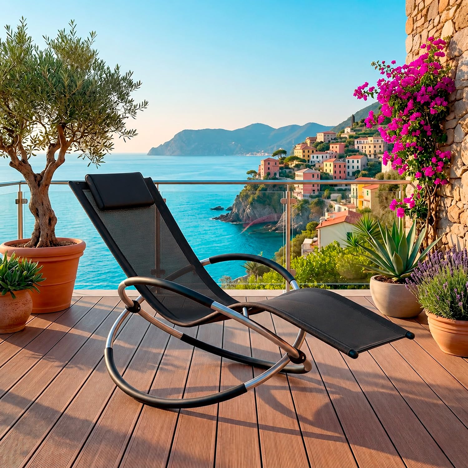 Poltrona Basculante Sdraio A Dondolo Da Giardino Con Poggiatesta Removibile In Textilene Traspirante Telaio In Metallo Ergonomica Relax Piscina Terrazzo Outdoor 73 x 150 x 93 Cm Nero