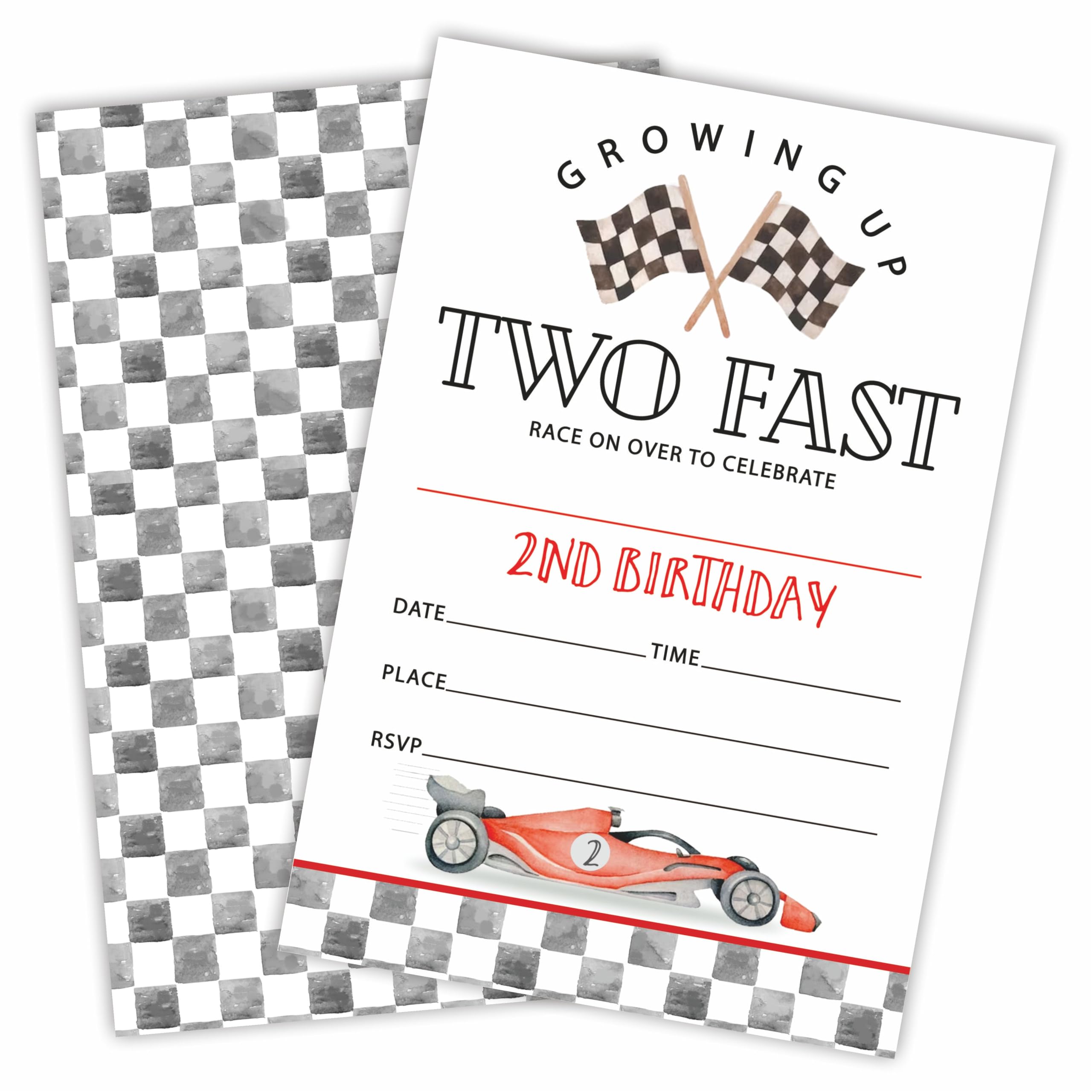 Cudwid 2nd Racing car Birthday Invitation, 20 Birthday Invite Cards With Envelopes, Two Fast Double-Sided Fill In Style Invites For Boys & Girls,