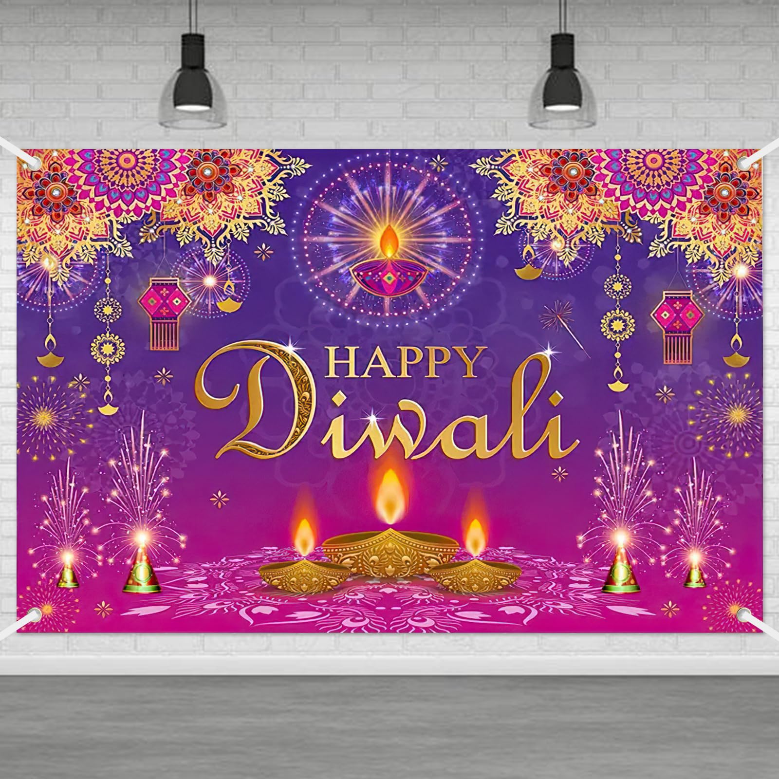 Diwali Decor Banner, Happy Diwali Backdrop Banner Decorations, Indian Deepavali Lights Diyas Decor Supplies